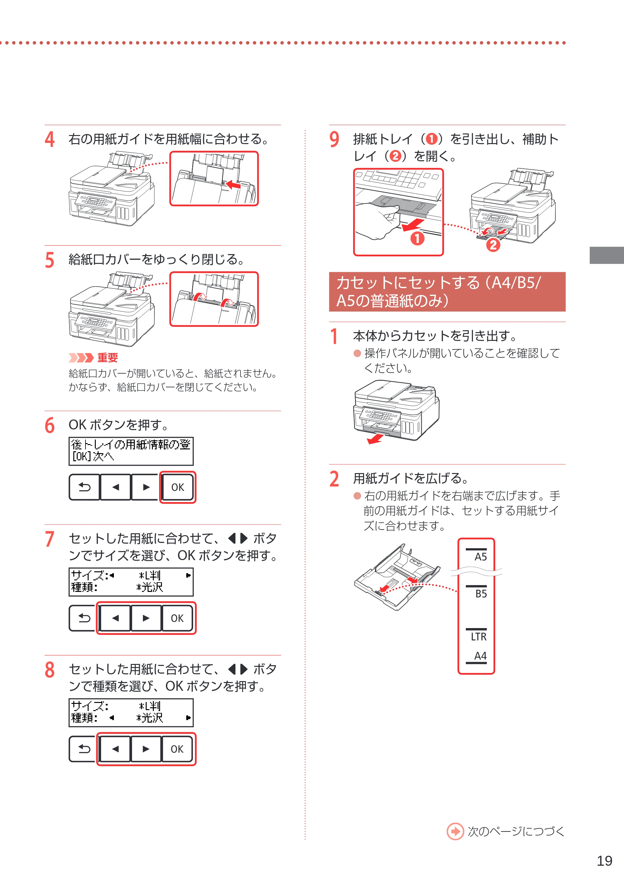 キヤノン G7030 設置・基本操作マニュアル 2022年2月15日掲載（PDF：8.37MB） — カセットにセットする（A4/B5/A5の普通紙のみ） — 原本ページ — 21ページ