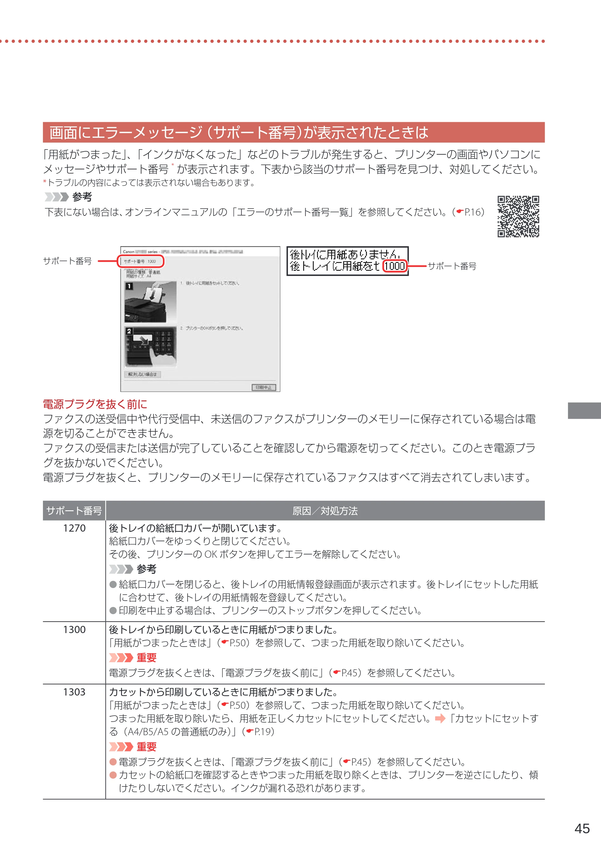 キヤノン G7030 設置・基本操作マニュアル 2022年2月15日掲載（PDF：8.37MB） — 画面にエラーメッセージ（サポート番号）が表示されたときは — 原本ページ — 47ページ
