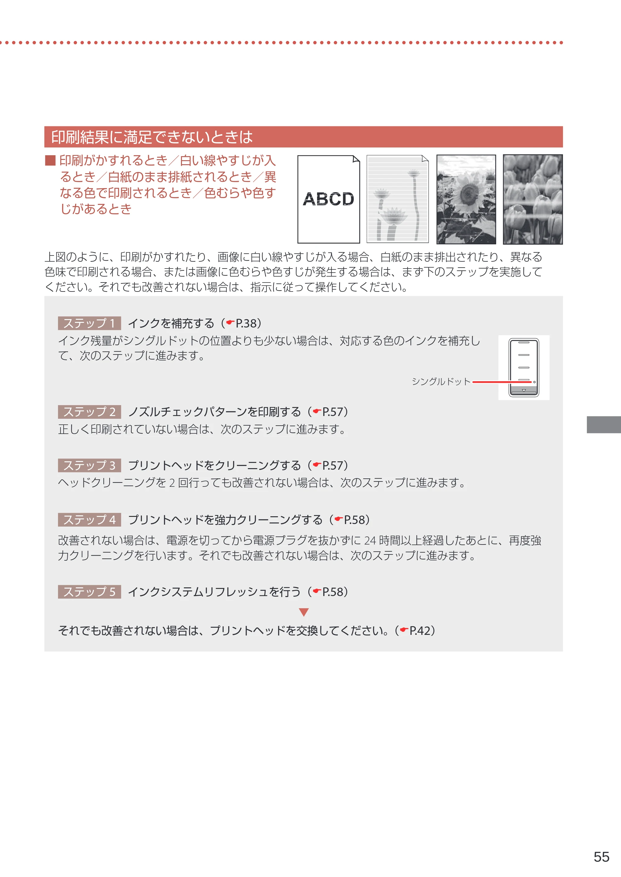 キヤノン G7030 設置・基本操作マニュアル 2022年2月15日掲載（PDF：8.37MB） — 印刷結果に満足できないときは — 原本ページ — 57ページ