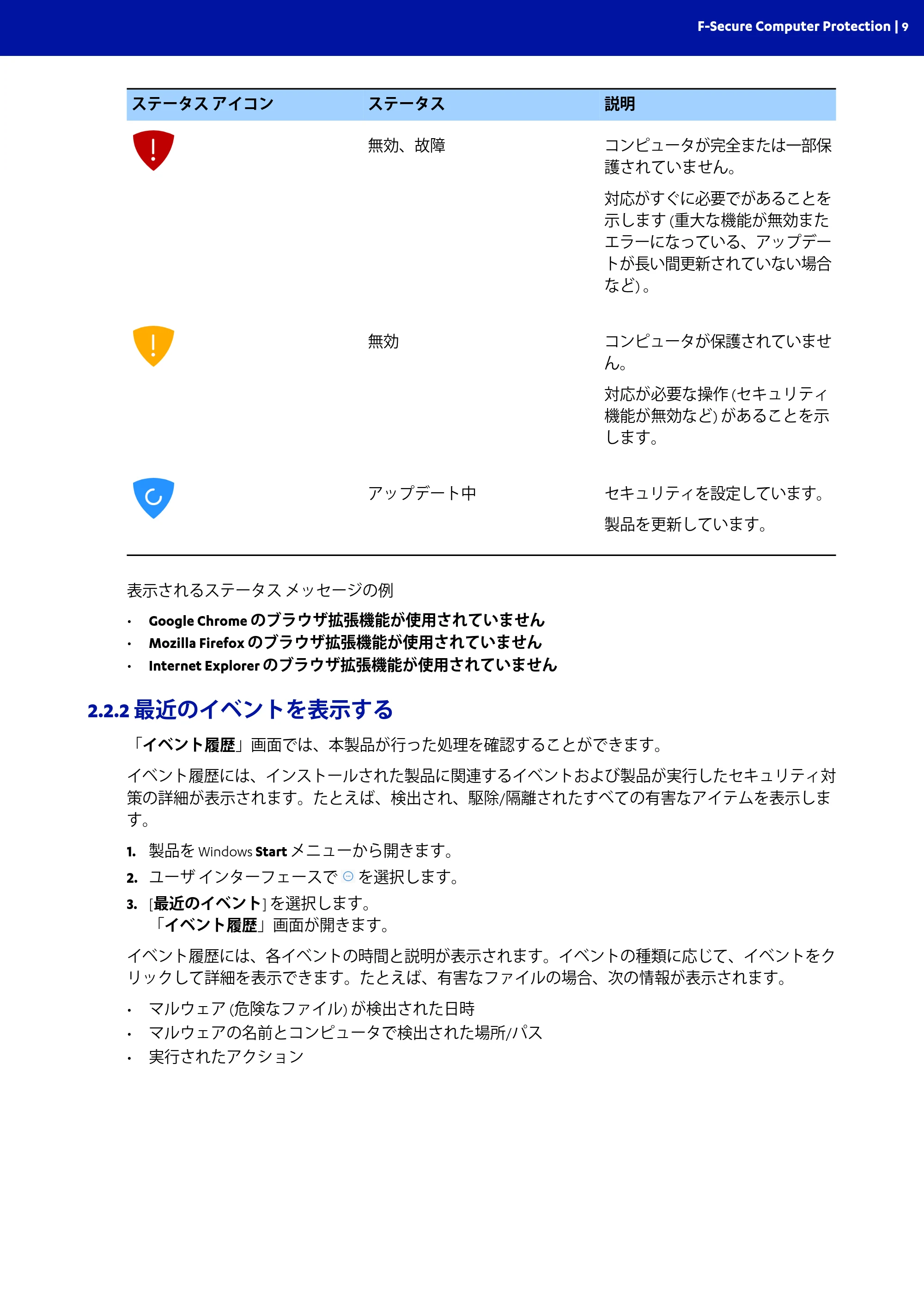 京セラ TASKGUARD エンドポイントセキュリティー 管理者向けガイド — 2.2.2 最近のイベントを表示する — 原本ページ — 9ページ
