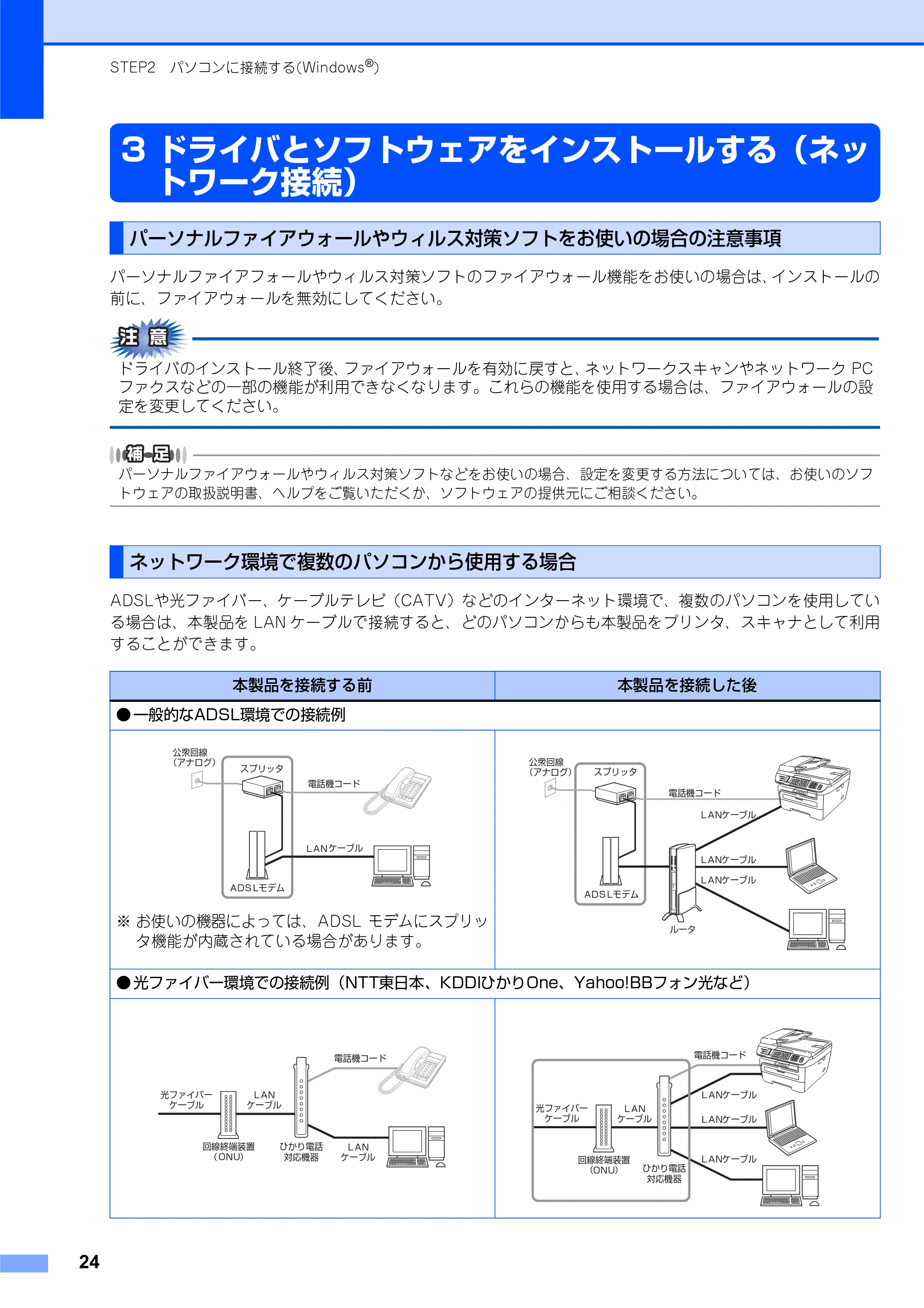 ブラザー MFC-7840W かんたん設置ガイド — 3 ドライバとソフトウェアをインストールする(ネッ トワーク接続) — 原本ページ — 24ページ