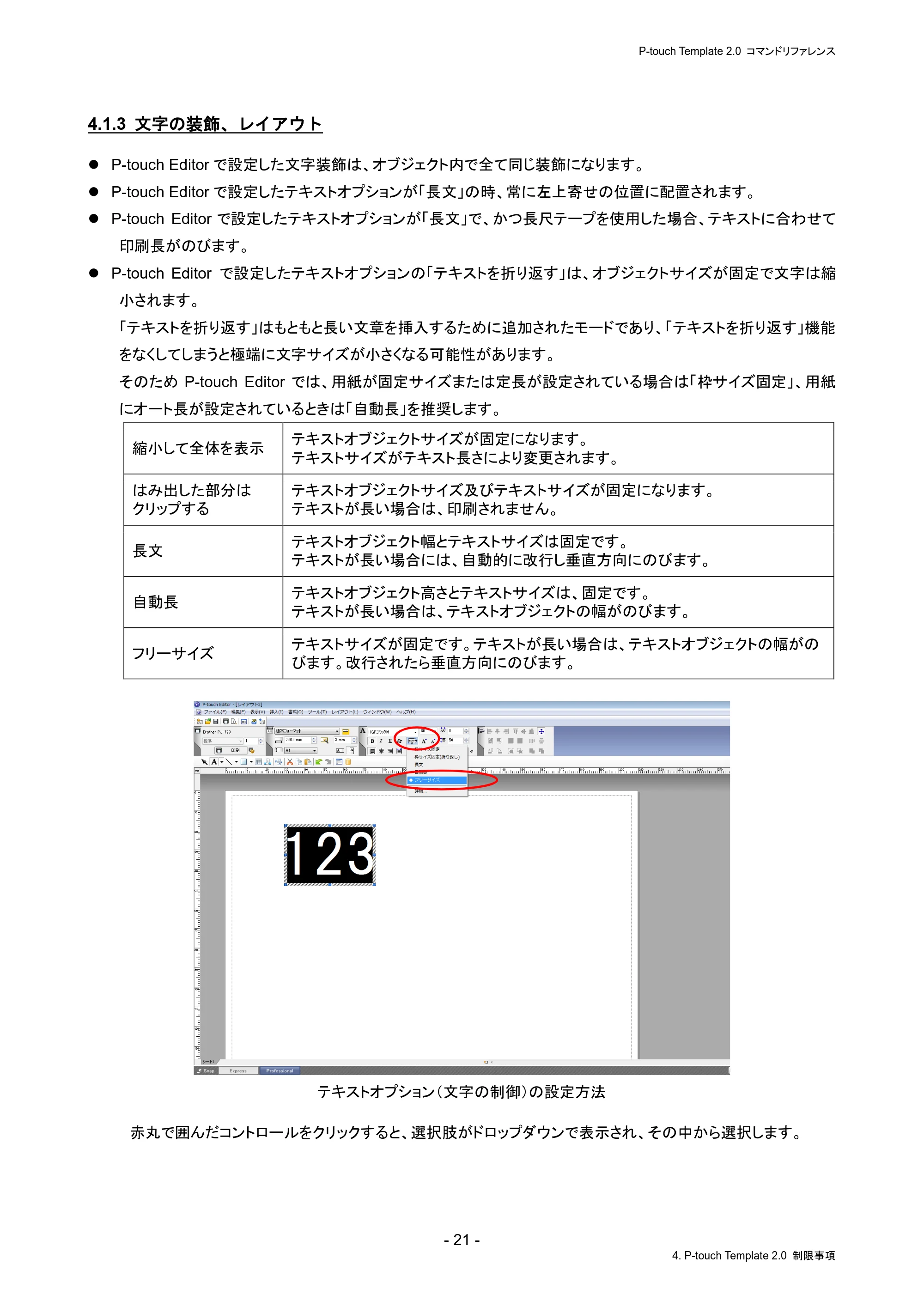 ブラザー PJ-823 / PJ-863 / PJ-883 P-touch テンプレートマニュアル / コマンドリファレンス — 4.1.3 文字の装飾、レイアウト — 原本ページ — 25ページ