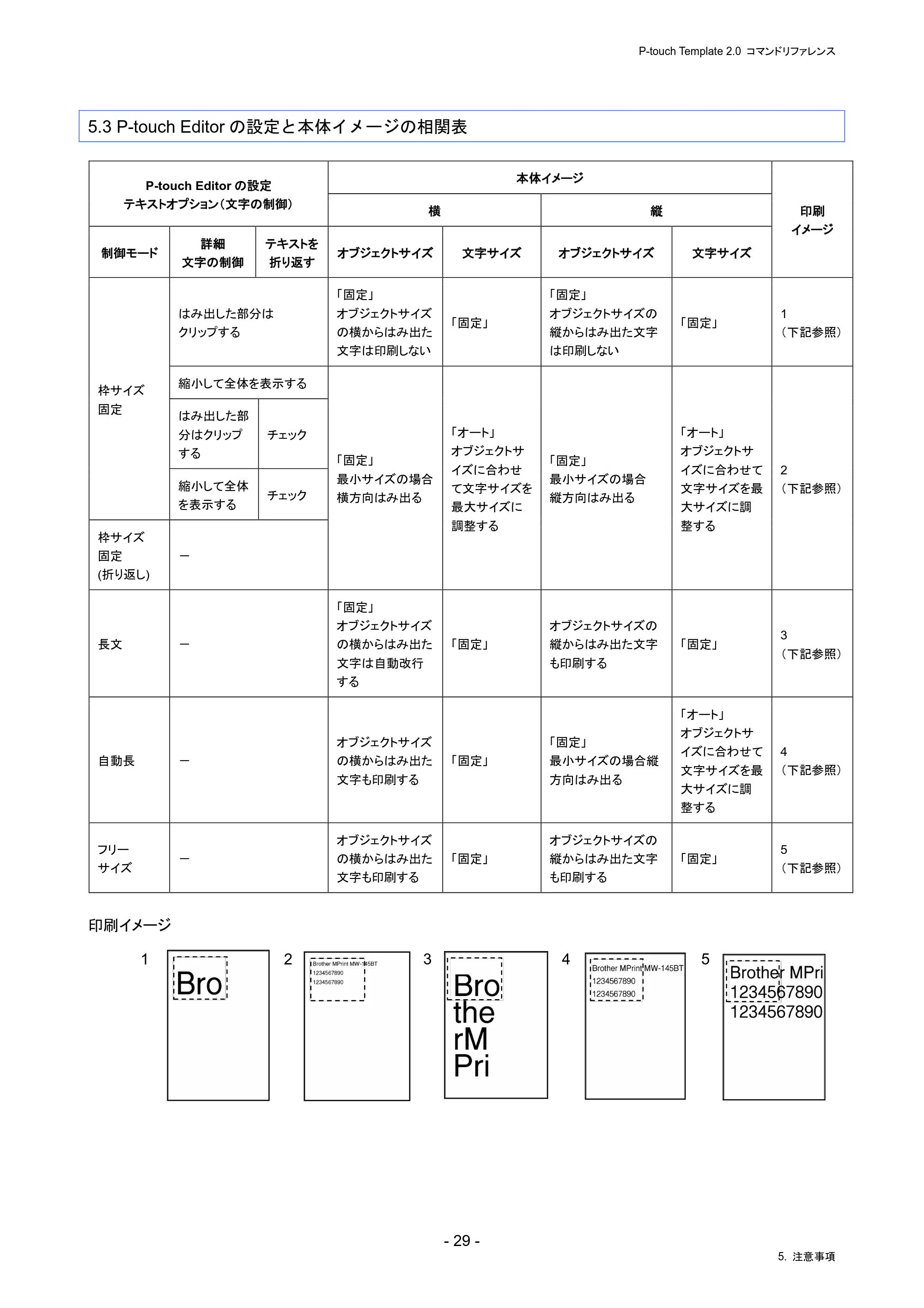 ブラザー PJ-823 / PJ-863 / PJ-883 P-touch テンプレートマニュアル / コマンドリファレンス — 5.3 P-touch Editorの設定と本体イメージの相関表 — 原本ページ — 33ページ