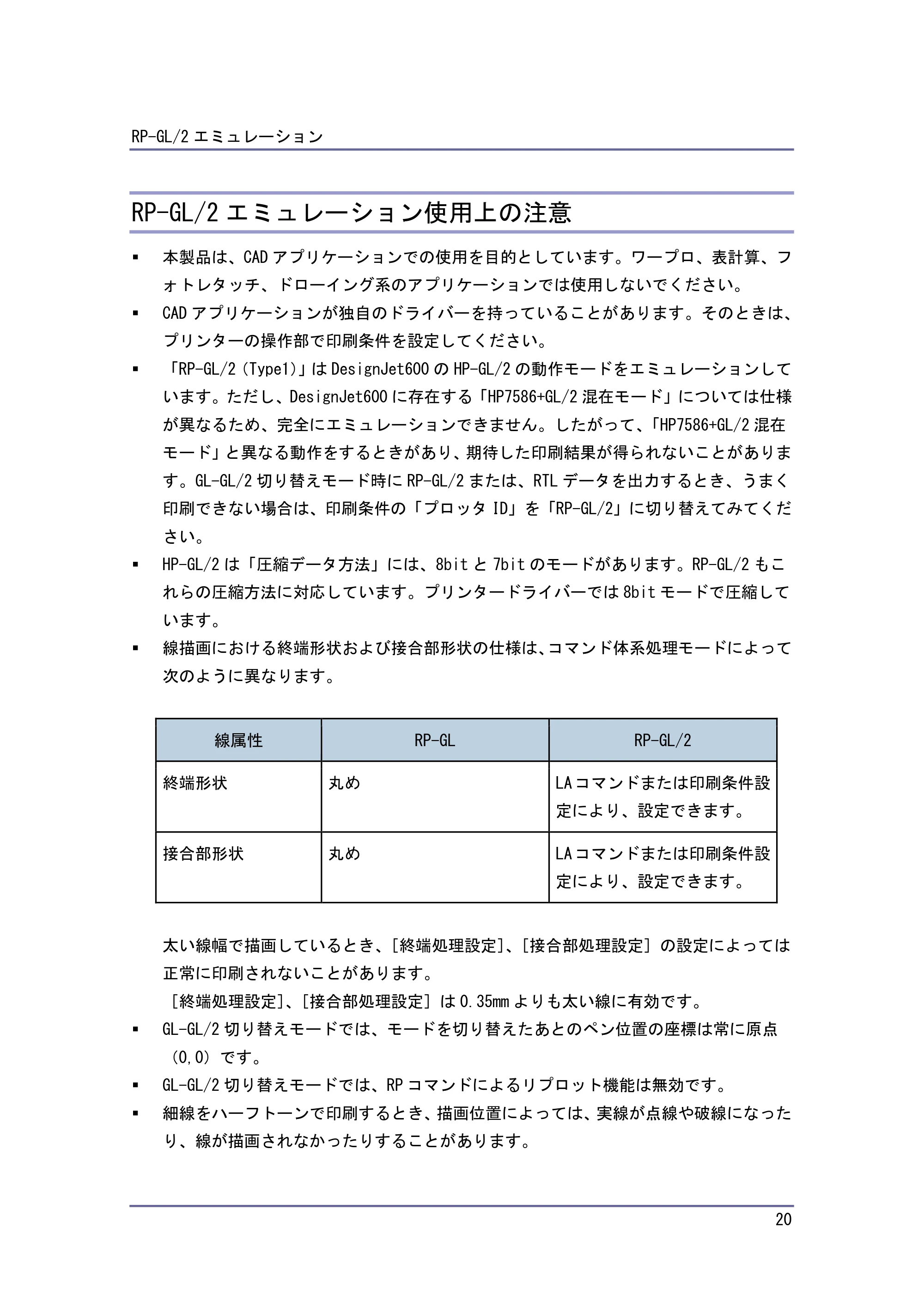 キヤノン PostScript3 エミュレーション (PDF形式/2.57Mバイト) — RP-GL/2 エミュレーション使用上の注意 — 原本ページ — 20ページ