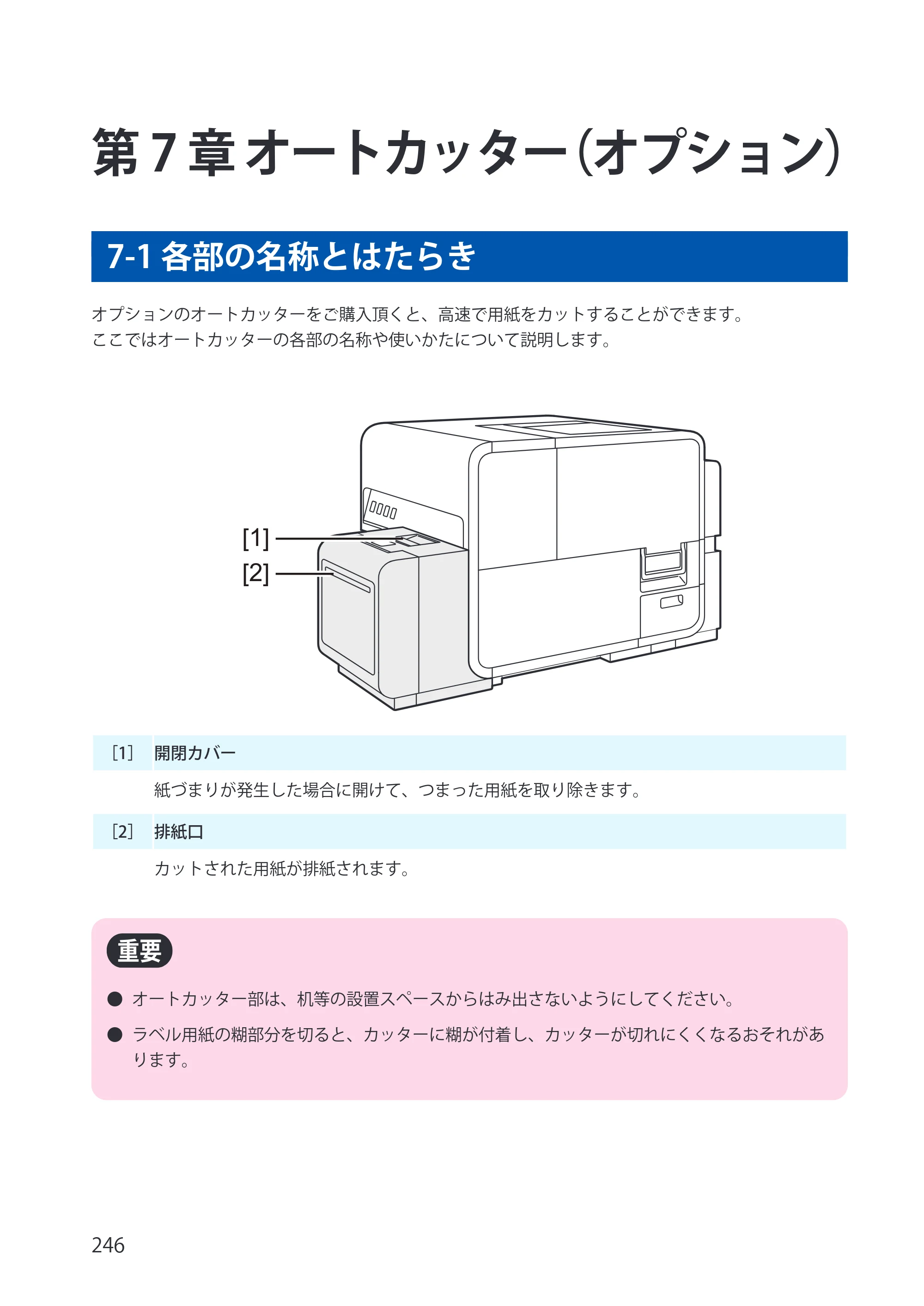 キヤノン LX-P5500/LX-D5500 LX-P5500／LX-D5500 （BJI-P512M用）ユーザーズガイド 2025年7月24日更新（PDF：15.4MB） — 第7章 オートカッター（オプション） — 原本ページ — 254ページ