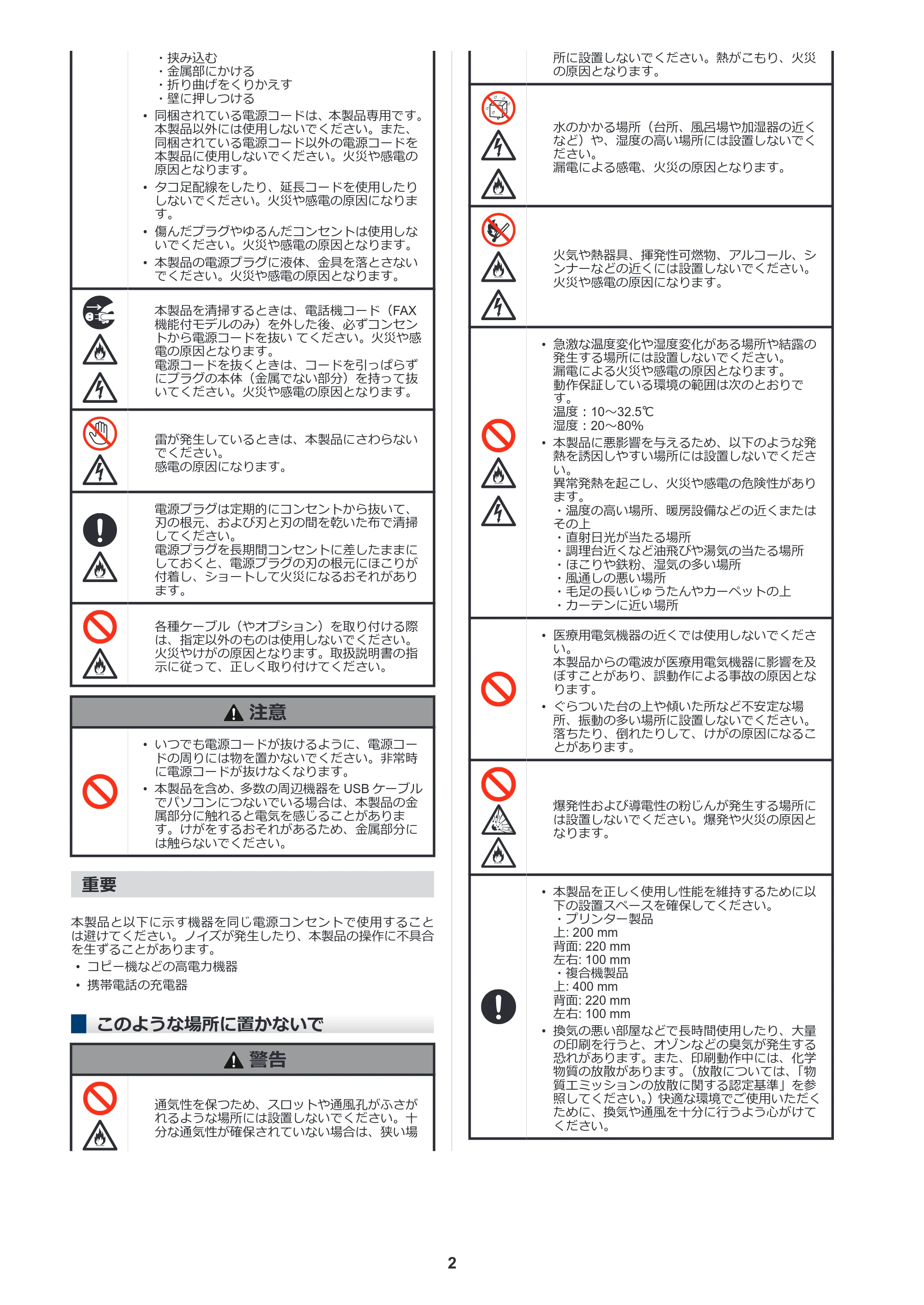 ブラザー HL-L8430CDW / HL-L8570CDW / MFC-L8730CDW 安全にお使いいただくために — このような場所に置かないで — 原本ページ — 2ページ
