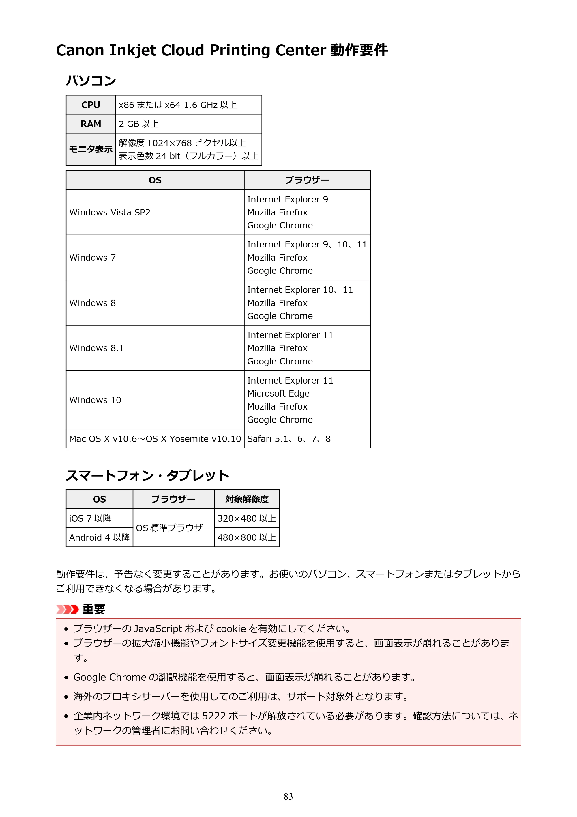 キヤノン MAXIFY MB5430 MB5430 (PDF) オンラインマニュアル - 取扱説明書 - (Mac) 2026年5月21日更新(PDF:14.1MB) — Canon Inkjet Cloud Printing Center 動作要件 — 原本ページ — 83ページ