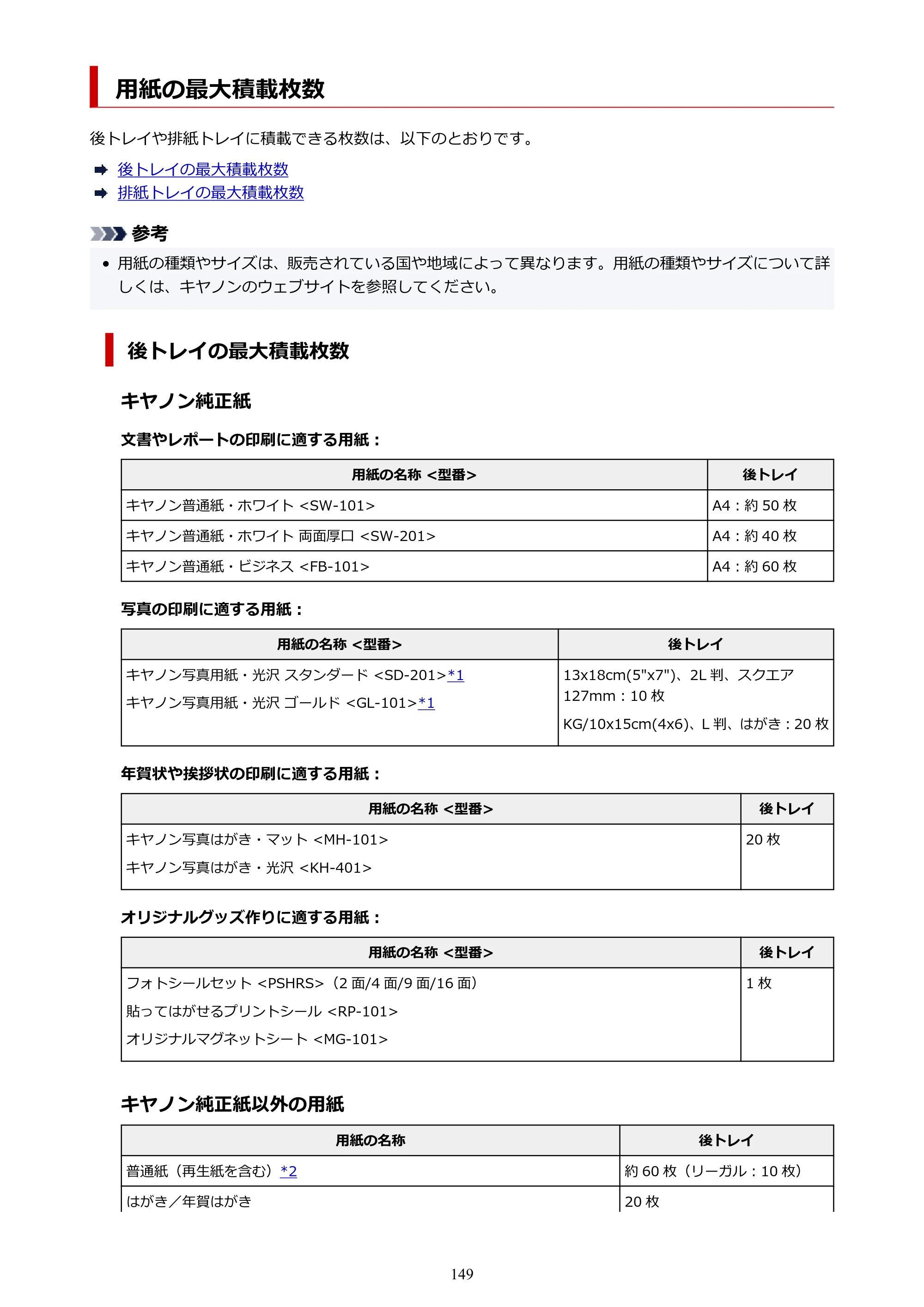 キヤノン PIXUS TS3330 TS3330 （PDF） オンラインマニュアル - 取扱説明書 - （Mac） 2026年5月21日掲載（PDF：3.8MB） — 用紙の最大積載枚数 — 原本ページ — 149ページ