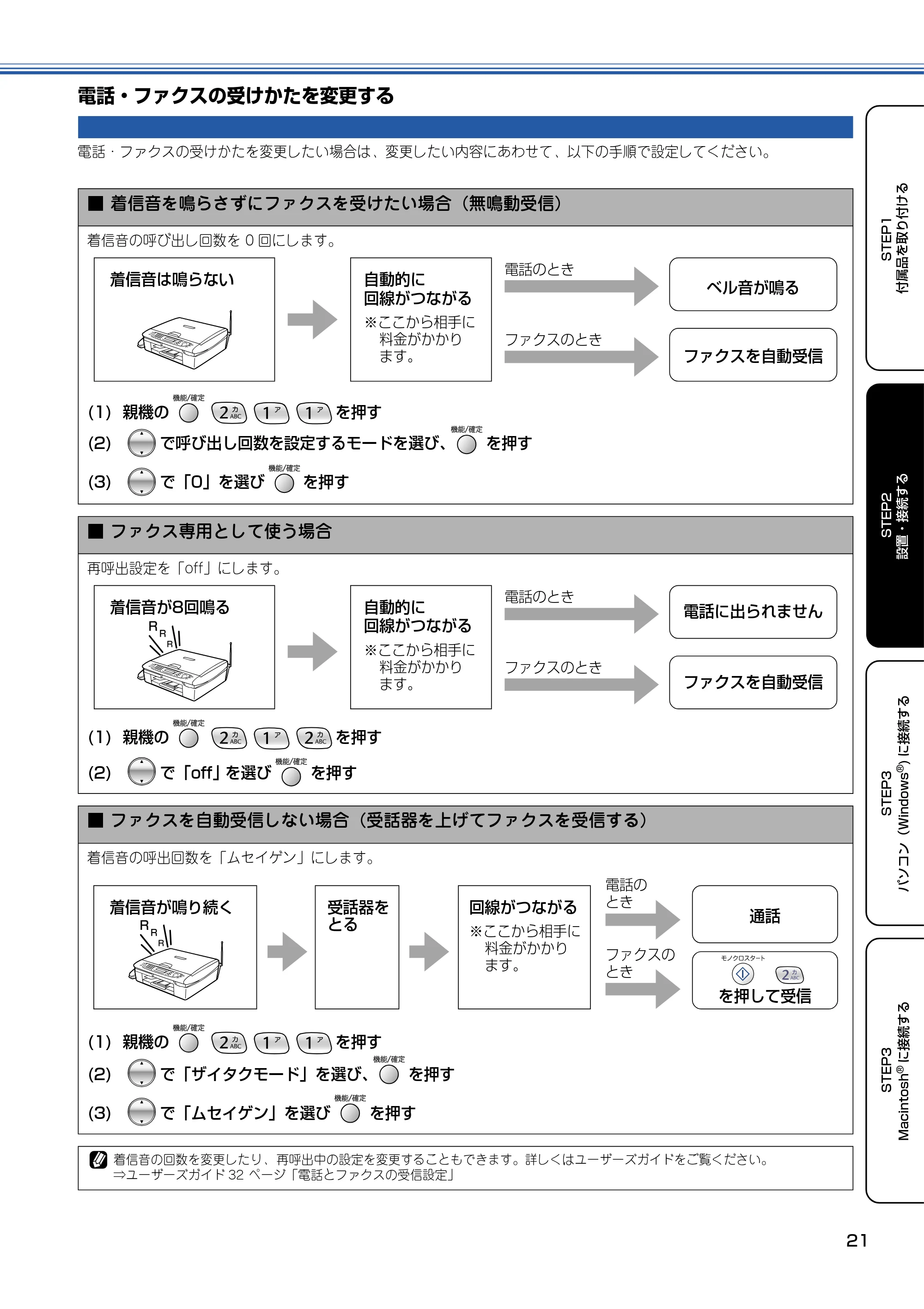 ブラザー MFC-615CL かんたん設置ガイド — 電話・ファクスの受けかたを変更する — 原本ページ — 22ページ