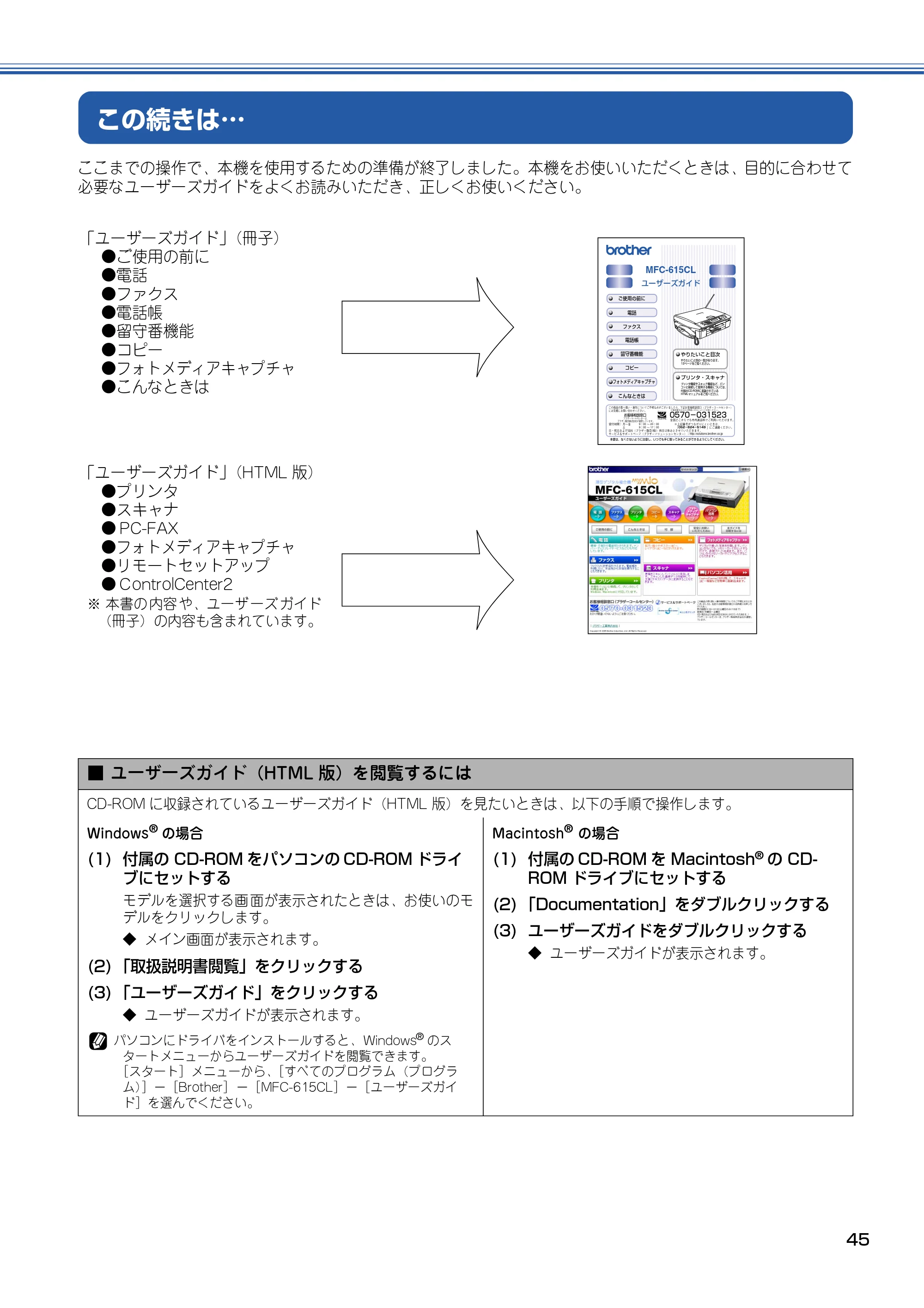 ブラザー MFC-615CL かんたん設置ガイド — この続きは… — 原本ページ — 46ページ