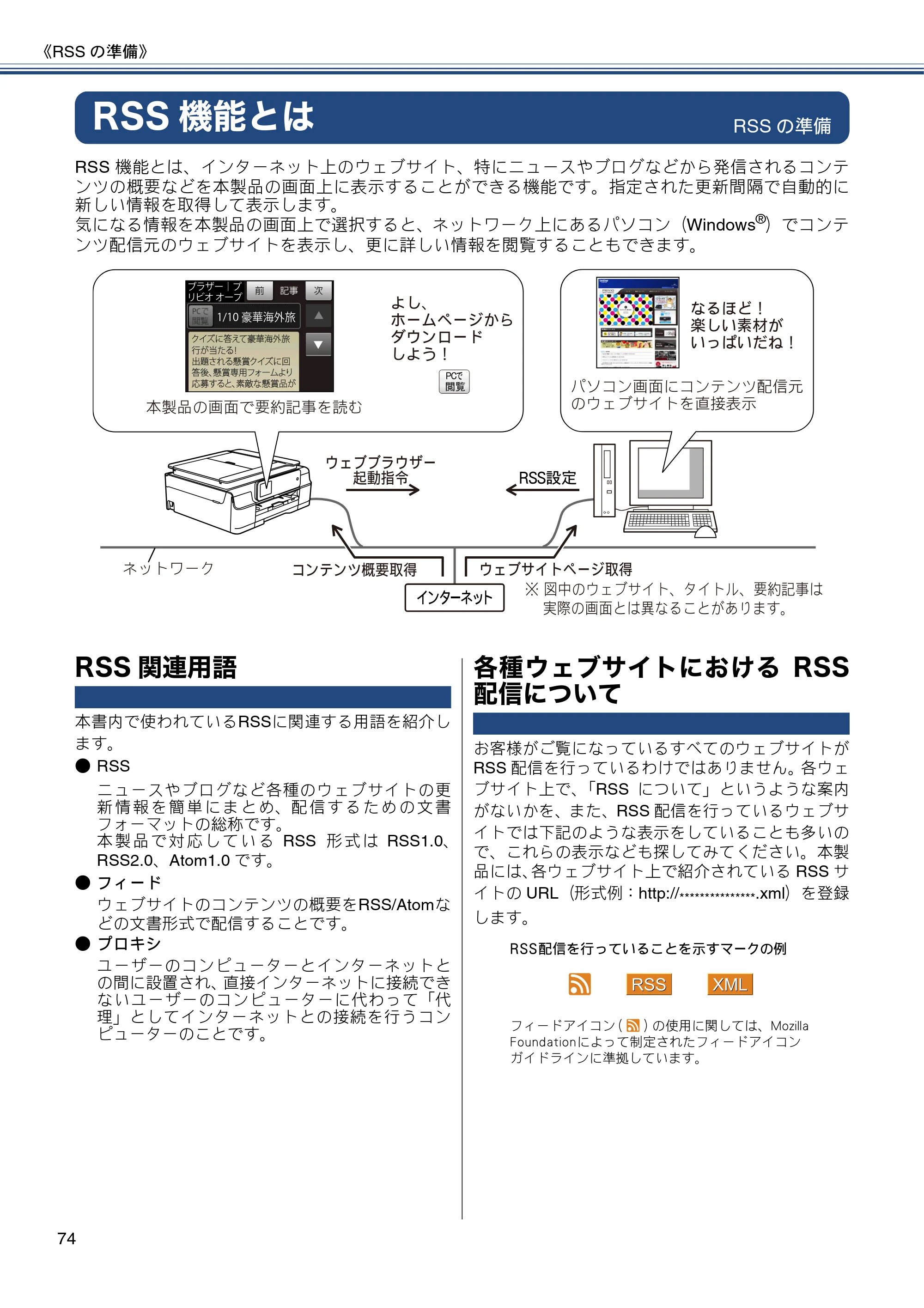ブラザー DCP-J552N / DCP-J552N-ECO / DCP-J752N / DCP-J952N-B/W/ECO ユーザーズガイド ～応用編～ — RSS機能とは — 原本ページ — 74ページ