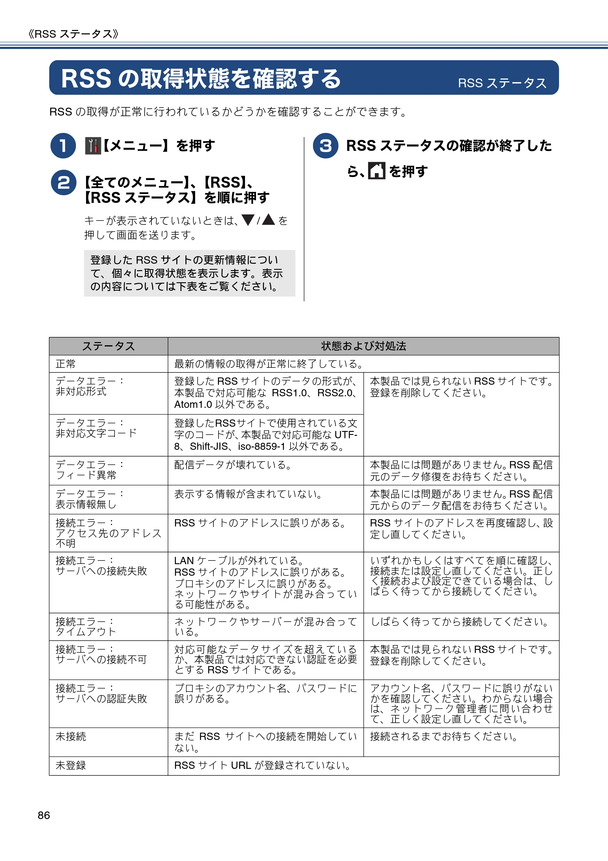 ブラザー DCP-J552N / DCP-J552N-ECO / DCP-J752N / DCP-J952N-B/W/ECO ユーザーズガイド ～応用編～ — RSSの取得状態を確認する — 原本ページ — 86ページ