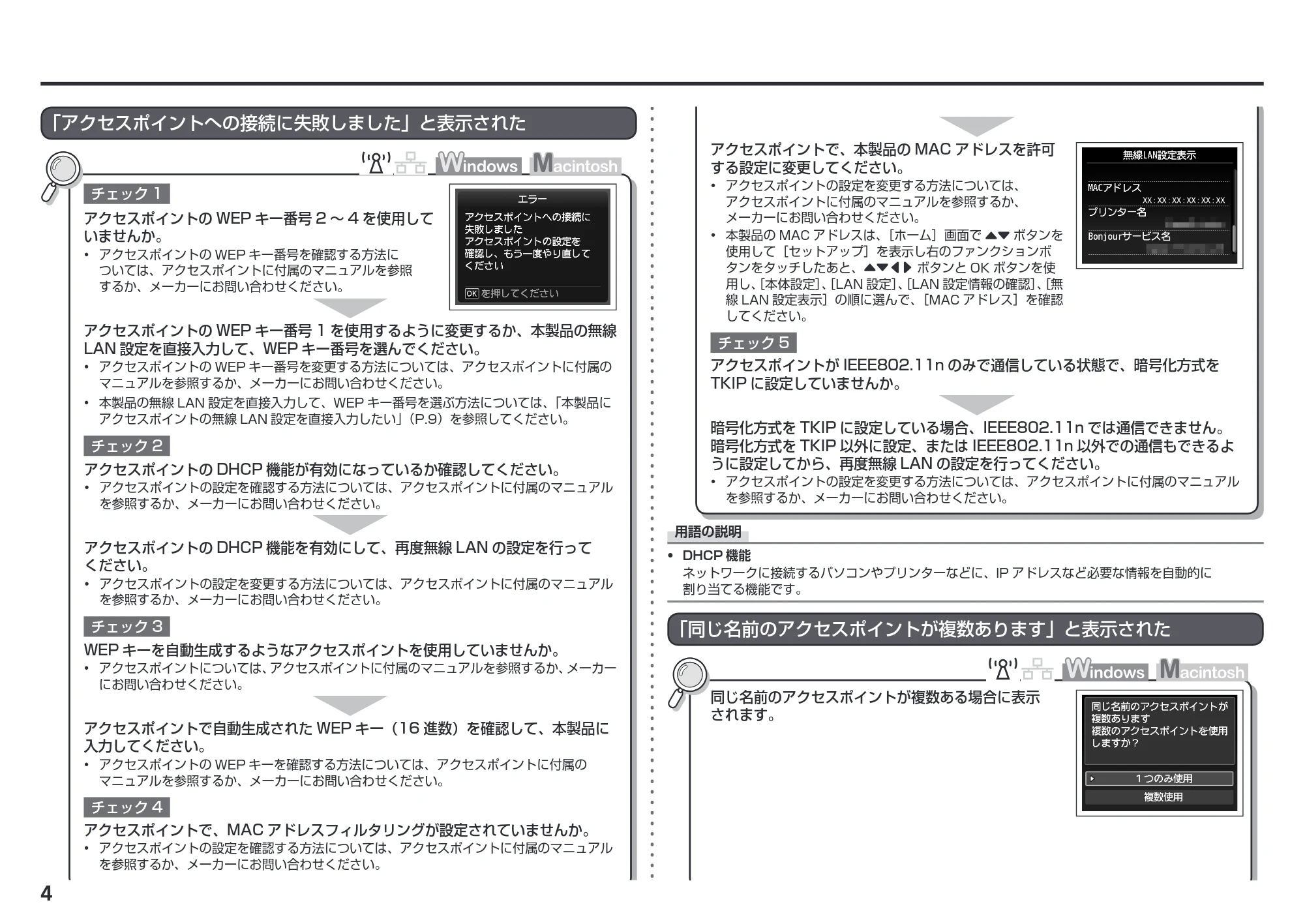キヤノン PIXUS MG8130 ネットワーク設置で困ったときには (PDF形式/3.58Mバイト) — 「アクセスポイントへの接続に失敗しました」と表示された — 原本ページ — 6ページ