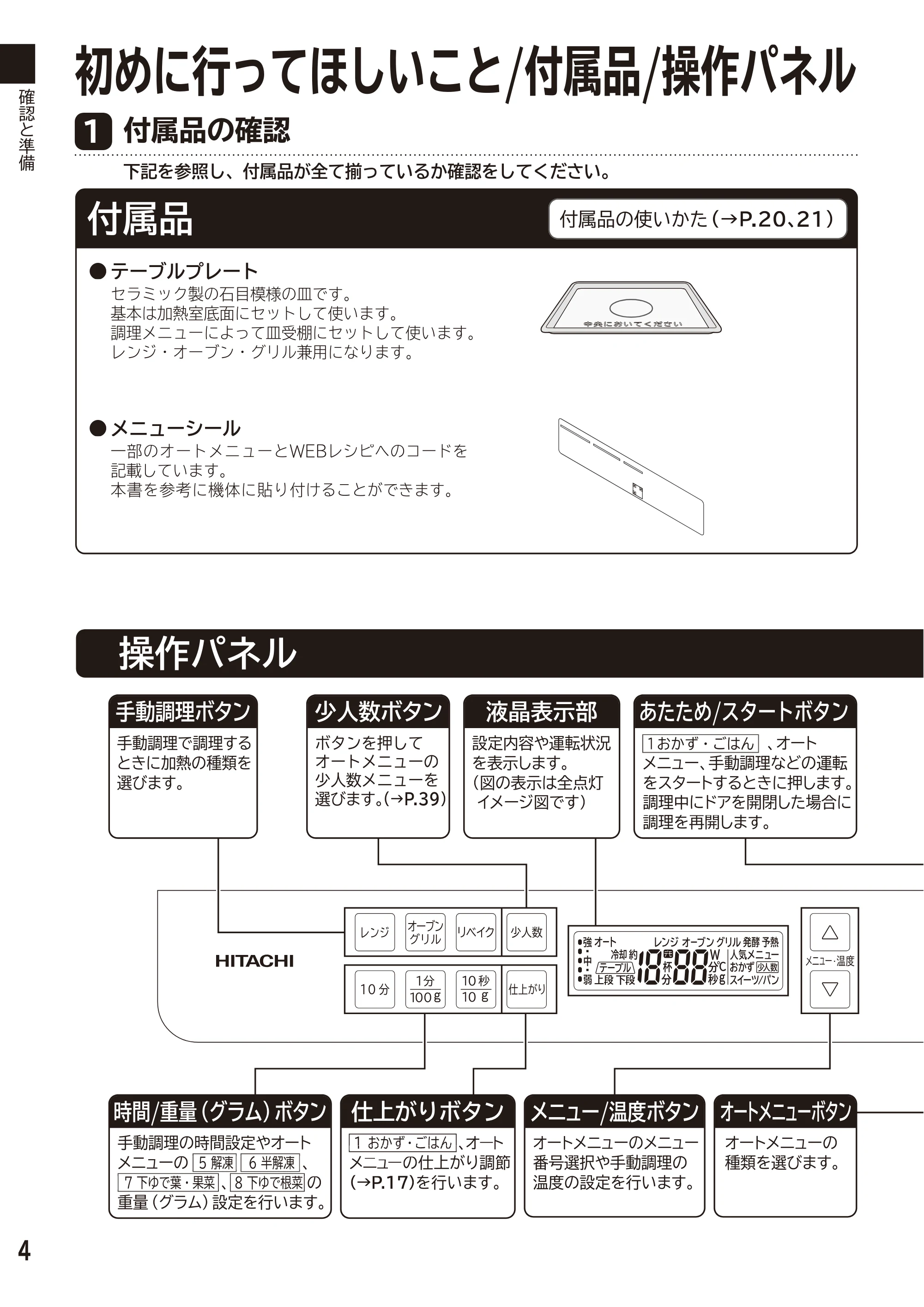 日立 MRO-F6D 取扱説明書 — 確認と準備 — 原本ページ — 4ページ