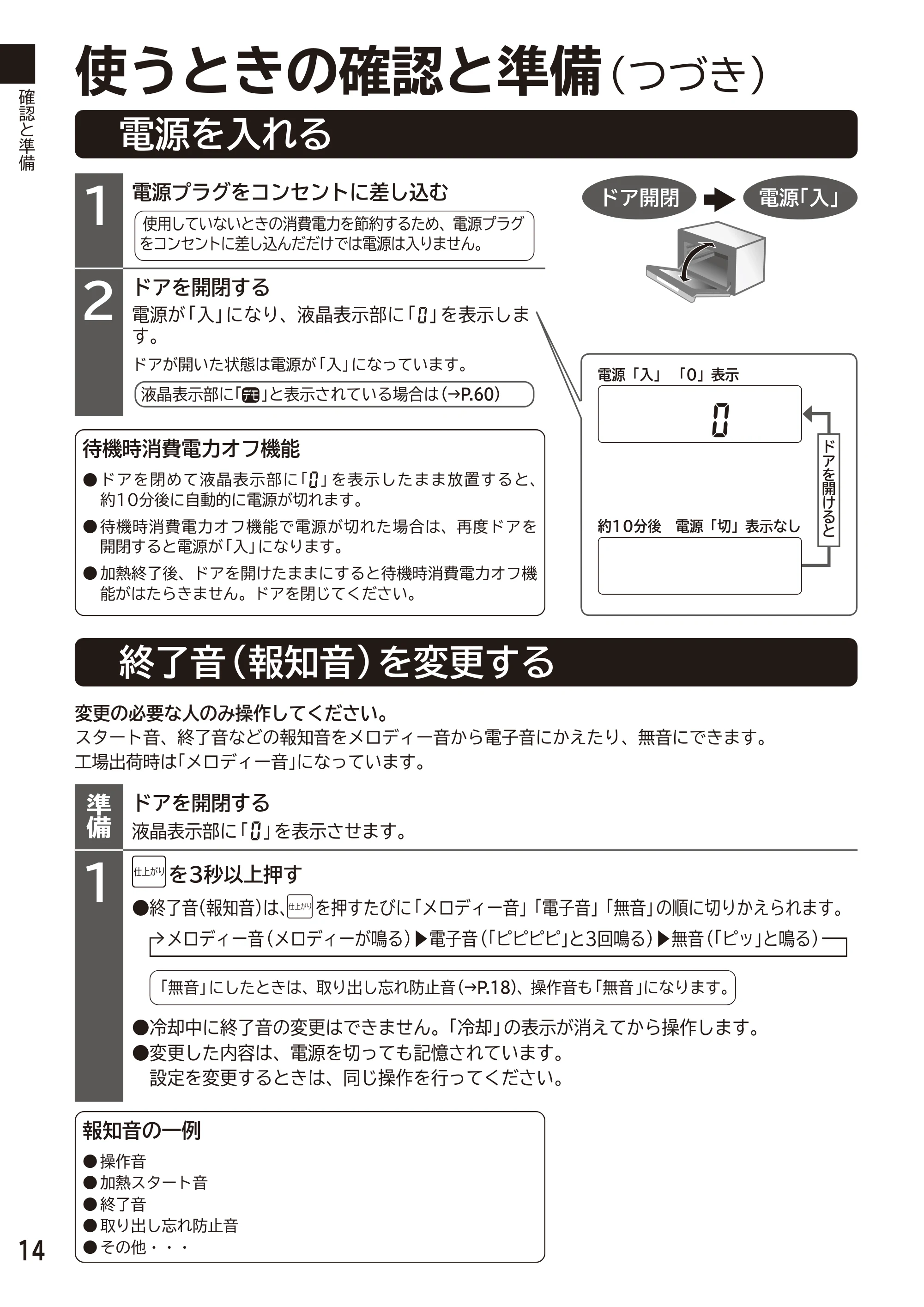 日立 MRO-F6D 取扱説明書 — 電源を入れる — 原本ページ — 14ページ