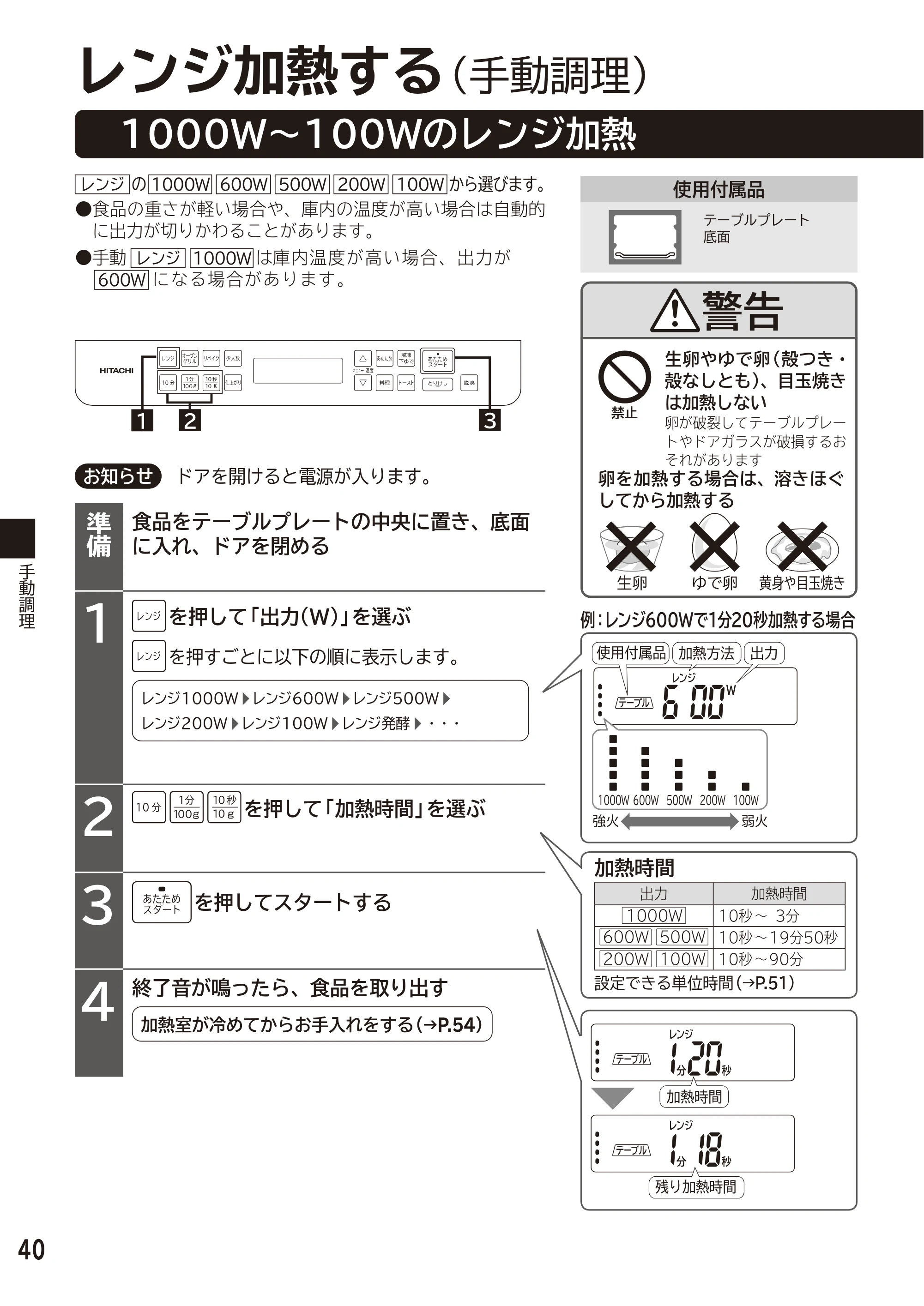 日立 MRO-F6D 取扱説明書 — 手動調理 — 原本ページ — 40ページ