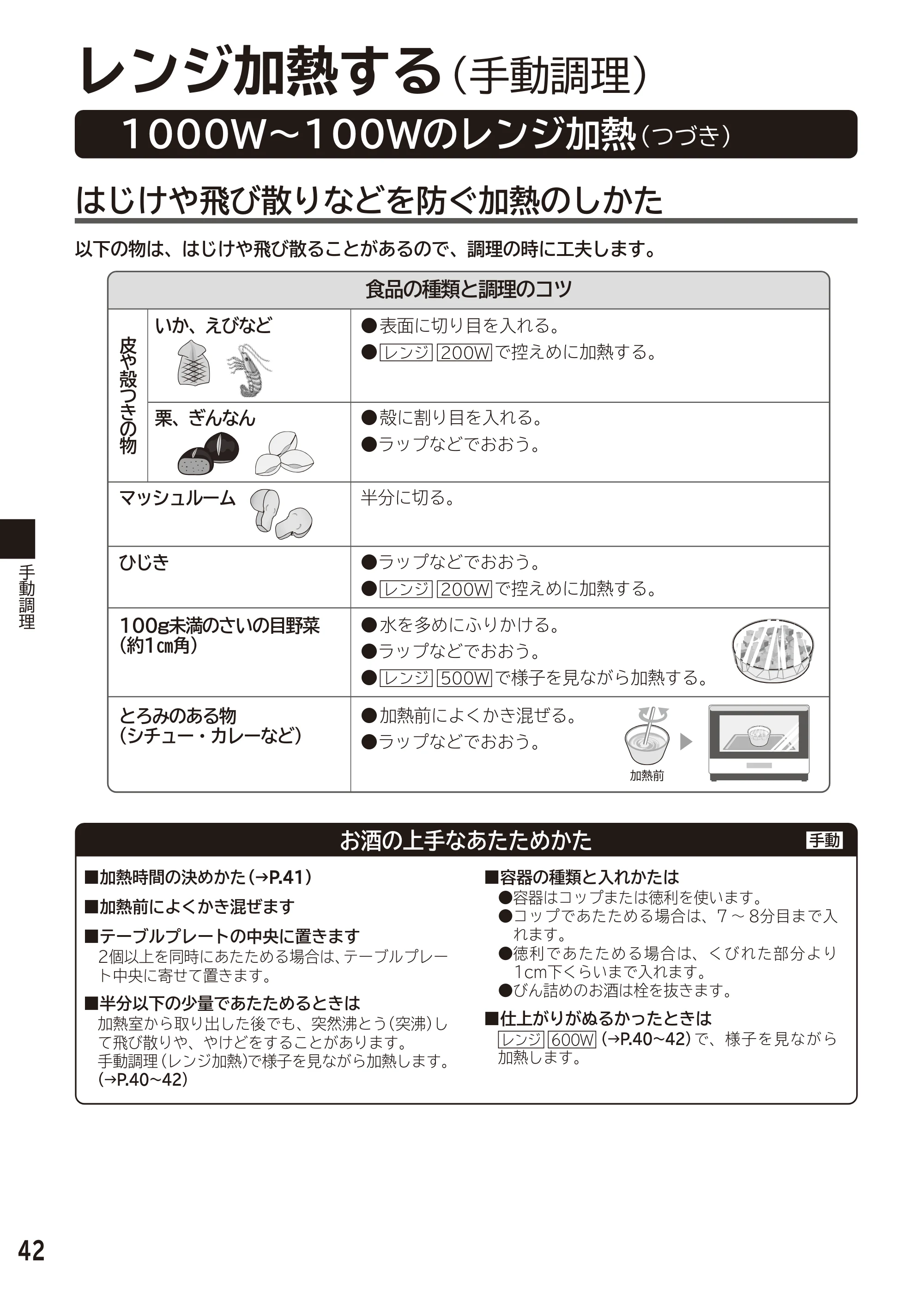 日立 MRO-F6D 取扱説明書 — はじけや飛び散りなどを防ぐ加熱のしかた — 原本ページ — 42ページ