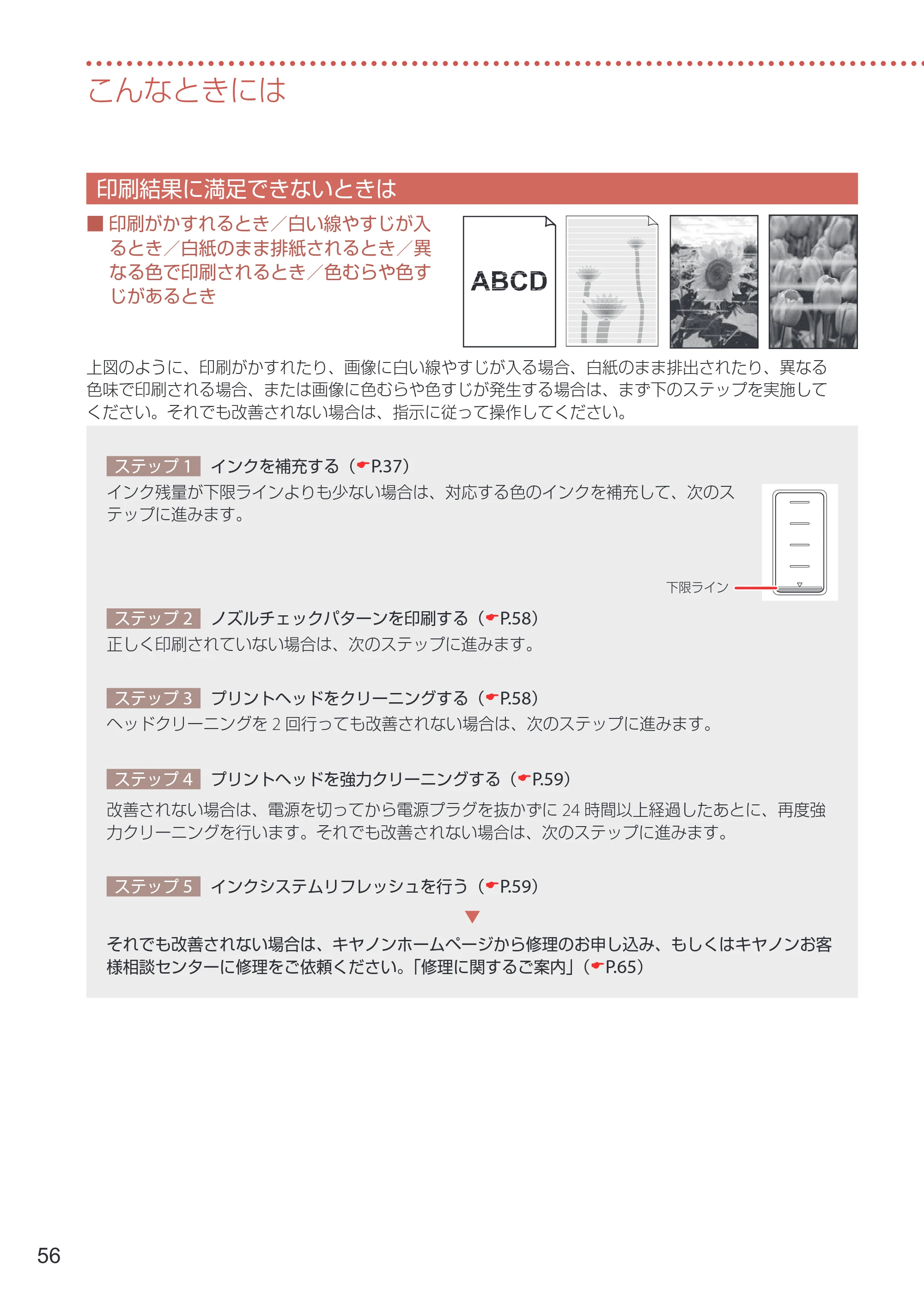 キヤノン GX7030 / GX6030 設置・基本操作マニュアル 2022年6月16日掲載（PDF：7.56MB） — 印刷結果に満足できないときは — 原本ページ — 58ページ