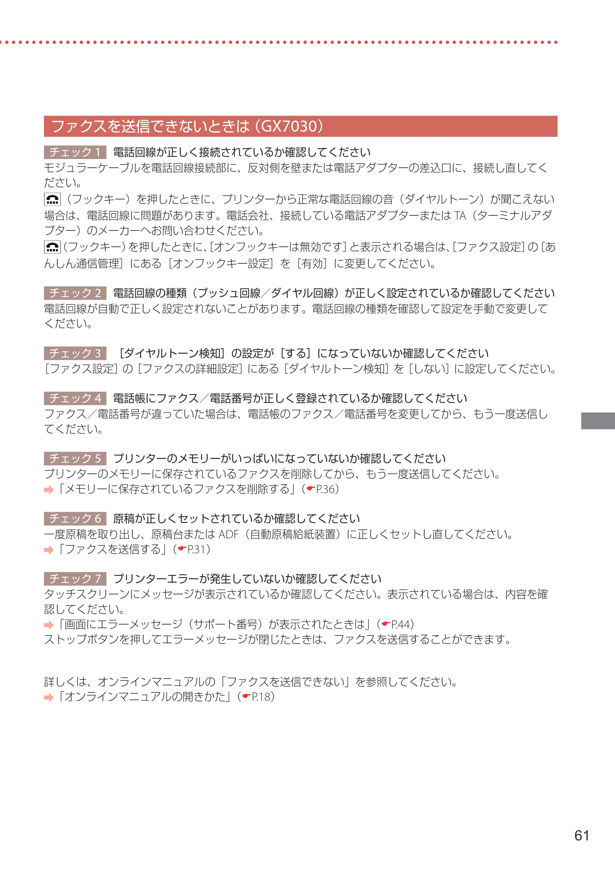 キヤノン GX7030 / GX6030 設置・基本操作マニュアル 2022年6月16日掲載（PDF：7.56MB） — ファクスを送信できないときは（GX7030） — 原本ページ — 63ページ