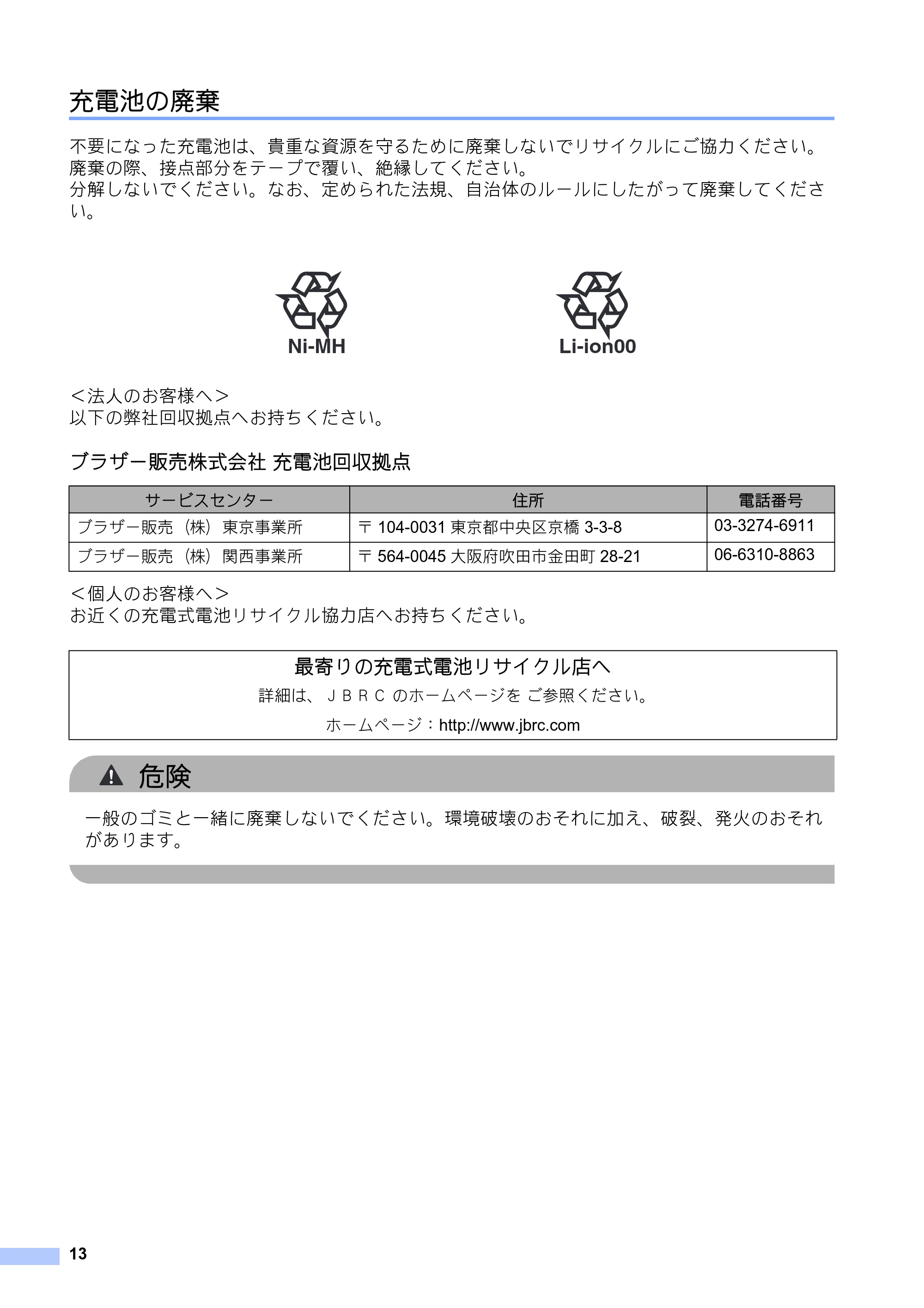 ブラザー PJ-673 安全にお使いいただくために — 充電池の廃棄 — 原本ページ — 14ページ