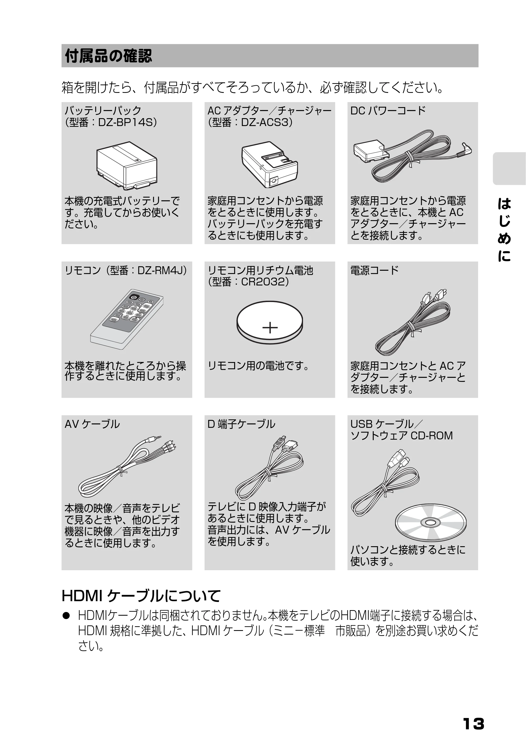 日立 DZ-BD10H 取扱説明書 — 付属品の確認 — 原本ページ — 13ページ
