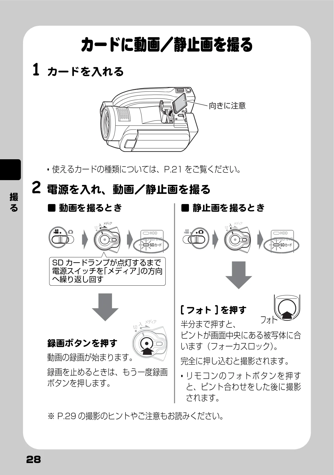 日立 DZ-BD10H 取扱説明書 — カードに動画/静止画を撮る — 図版 28-1 — 28ページ