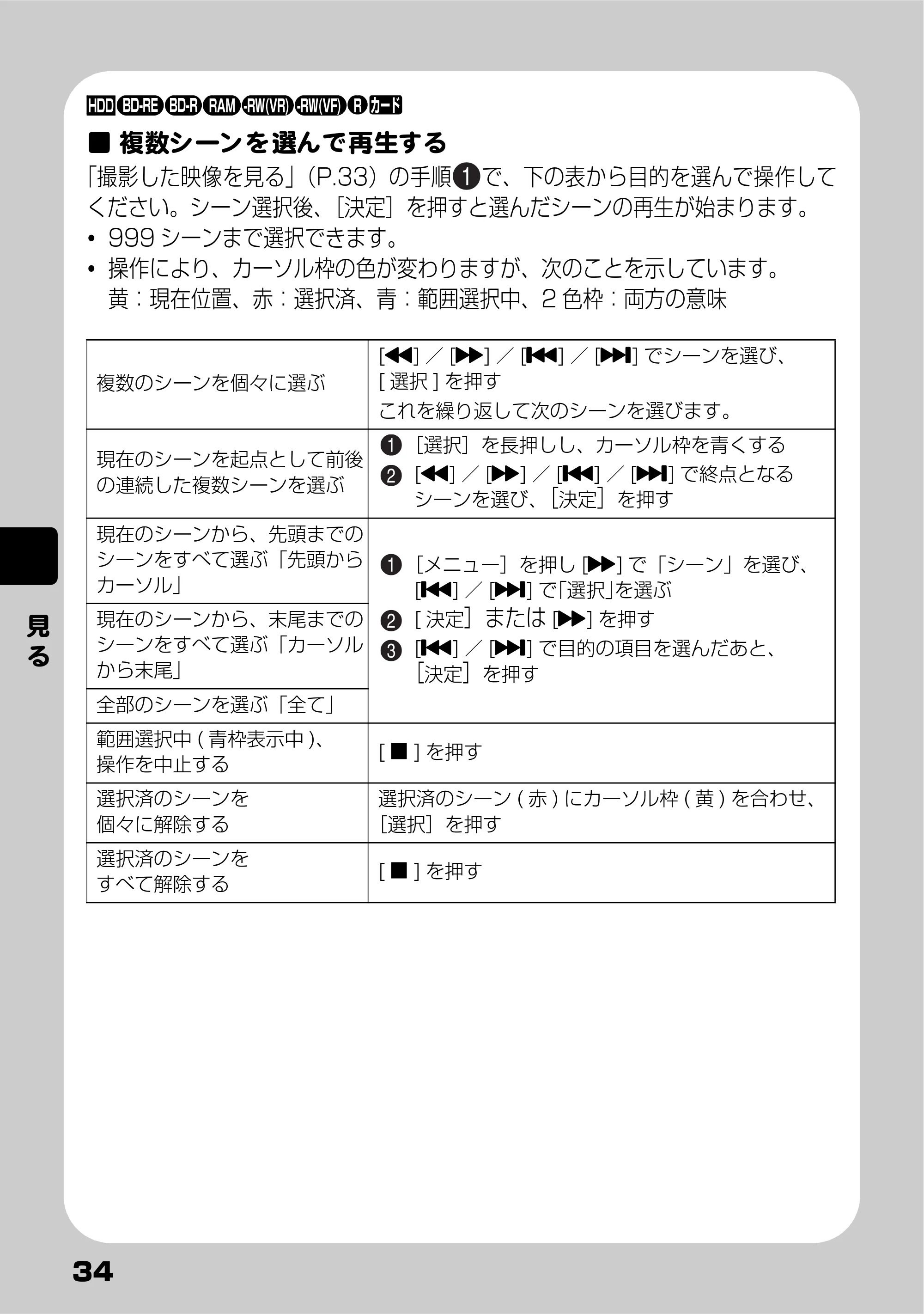 日立 DZ-BD10H 取扱説明書 — 複数シーンを選んで再生する — 原本ページ — 34ページ
