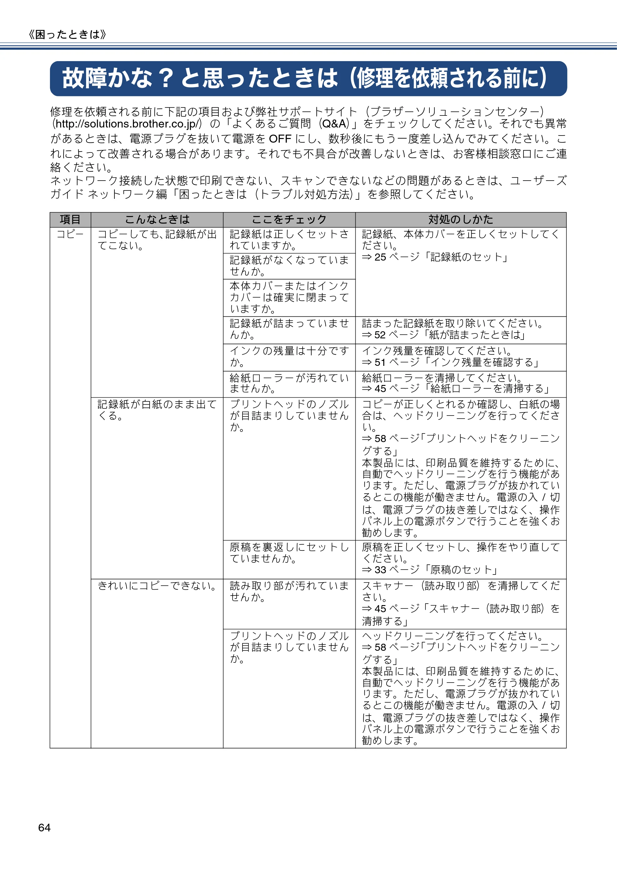 ブラザー DCP-J132N ユーザーズガイド ～基本編～ — 故障かな?と思ったときは（修理を依頼される前に） — 原本ページ — 64ページ