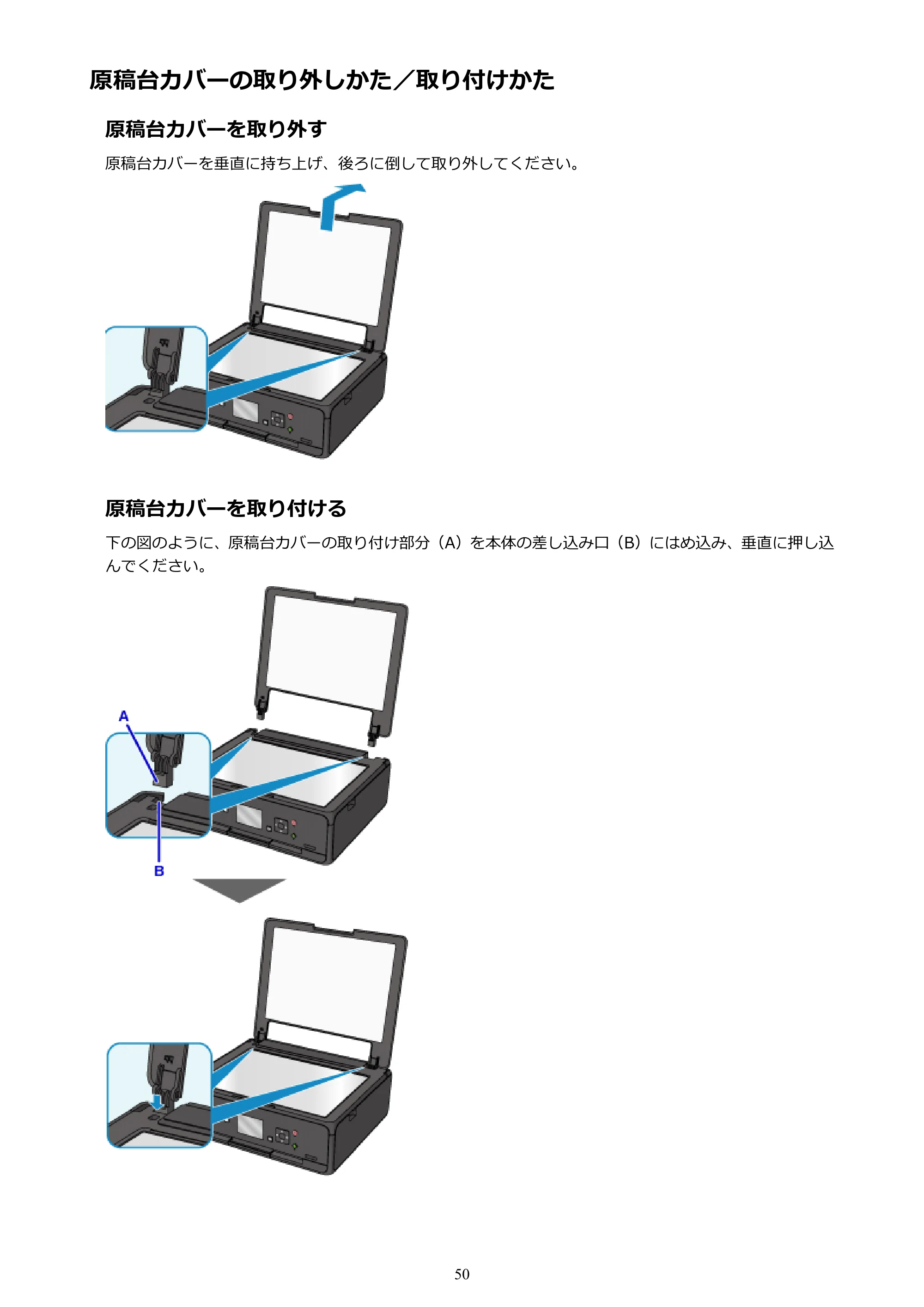 キヤノン PIXUS TS5030S/PIXUS TS5030 電子マニュアル PDF版 (Windows版)(PDF:13.4MB) — 原稿台カバーの取り外しかた/取り付けかた — 原本ページ — 50ページ
