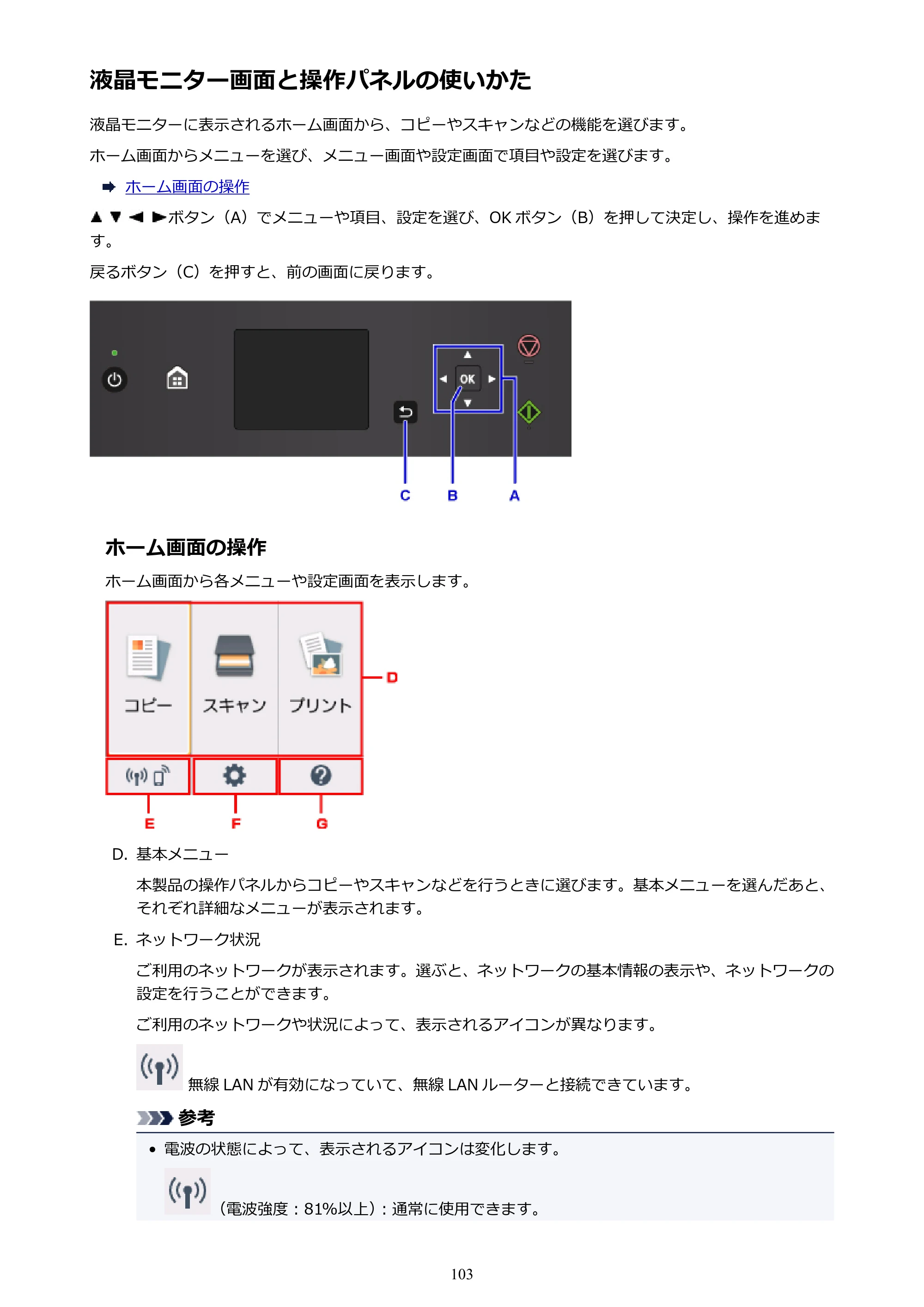 キヤノン PIXUS TS5030S/PIXUS TS5030 電子マニュアル PDF版 (Windows版)(PDF:13.4MB) — 液晶モニター画面と操作パネルの使いかた — 原本ページ — 103ページ