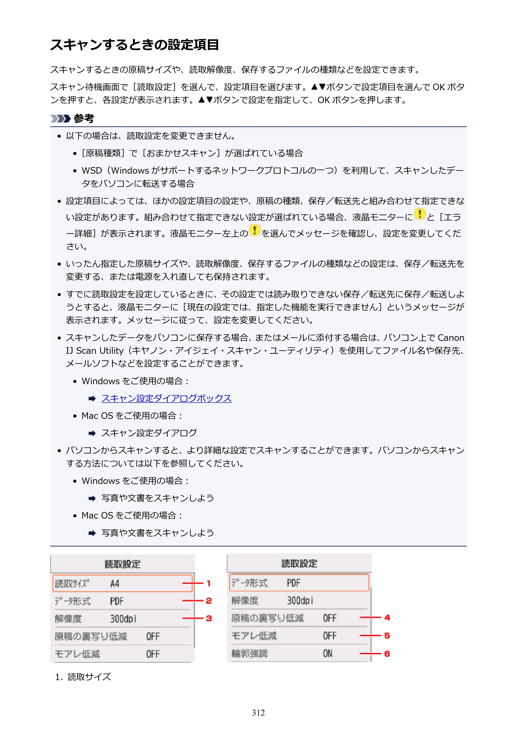 キヤノン PIXUS TS5030S/PIXUS TS5030 電子マニュアル PDF版 （Windows版）（PDF：13.4MB） — スキャンするときの設定項目 — 原本ページ — 312ページ