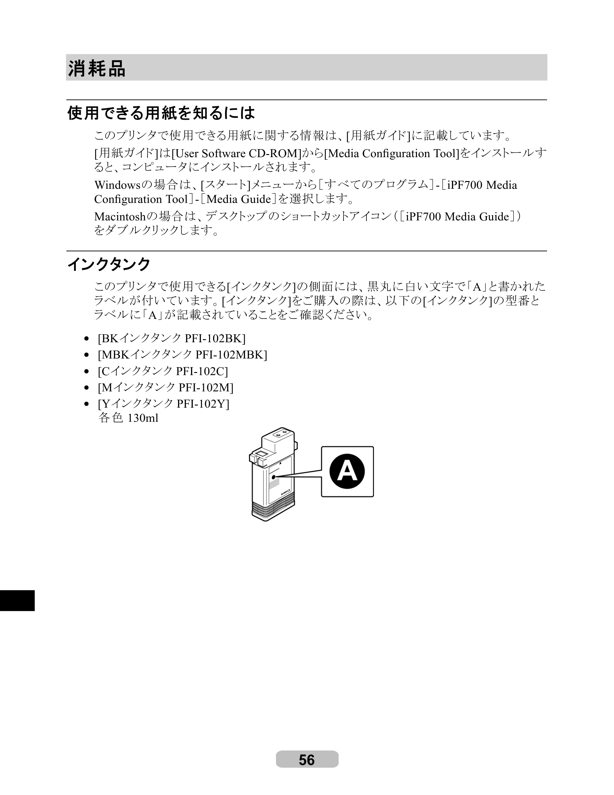 キヤノン iPF700 リファレンスガイド （PDF形式／4.34Mバイト） — 消耗品 — 原本ページ — 56ページ