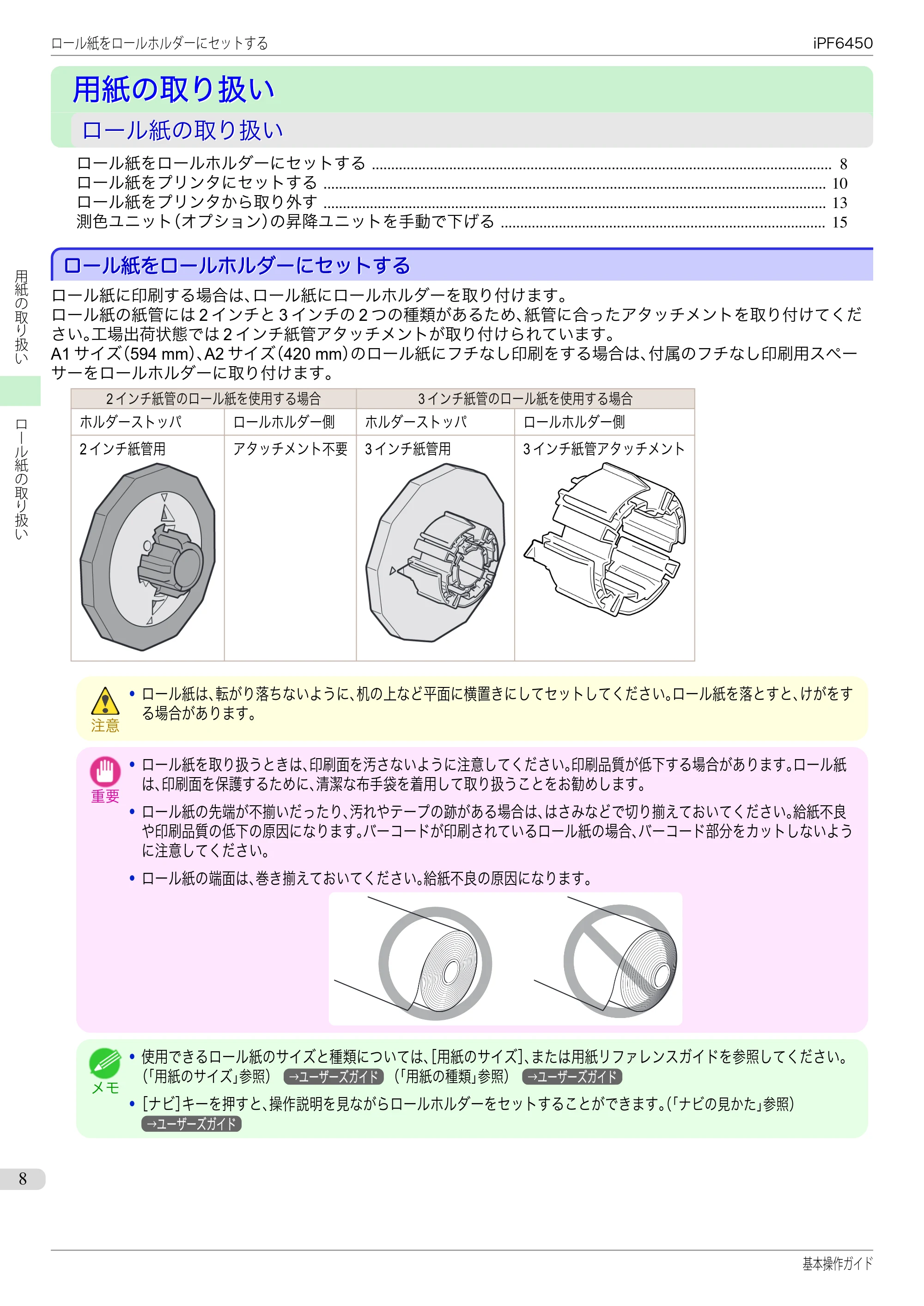 キヤノン iPF6400/6450 基本操作ガイド（iPF6450用）（PDF：16.9MB） — 用紙の取り扱い — 原本ページ — 8ページ