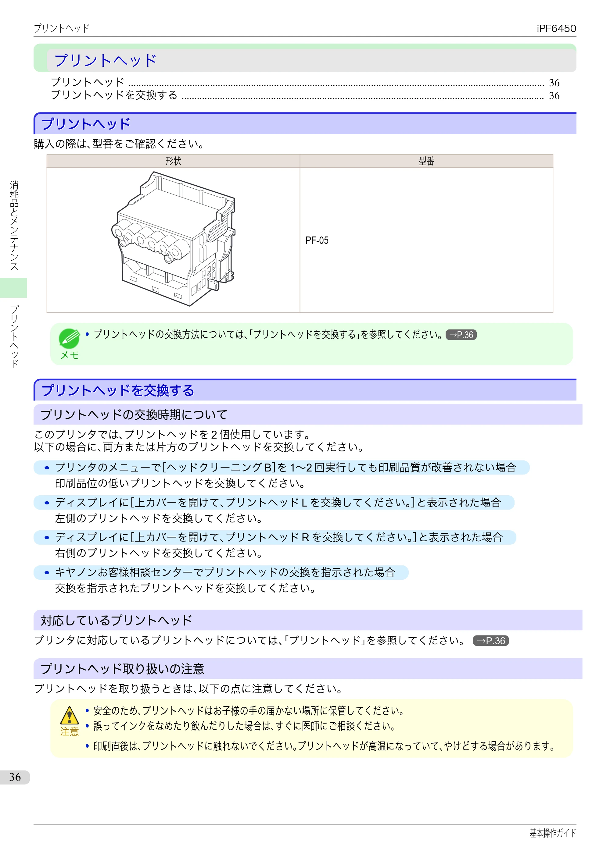 キヤノン iPF6400/6450 基本操作ガイド（iPF6450用）（PDF：16.9MB） — プリントヘッド — 原本ページ — 36ページ