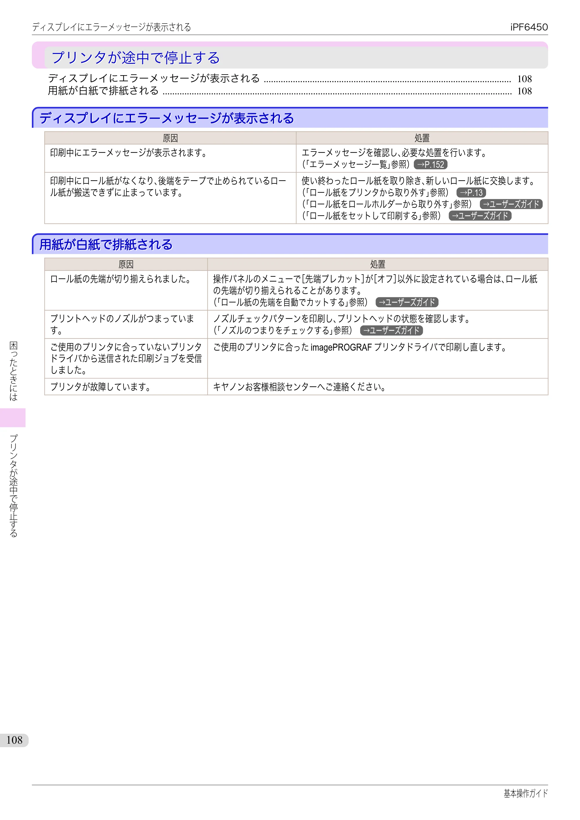 キヤノン iPF6400/6450 基本操作ガイド（iPF6450用）（PDF：16.9MB） — プリンタが途中で停止する — 原本ページ — 108ページ