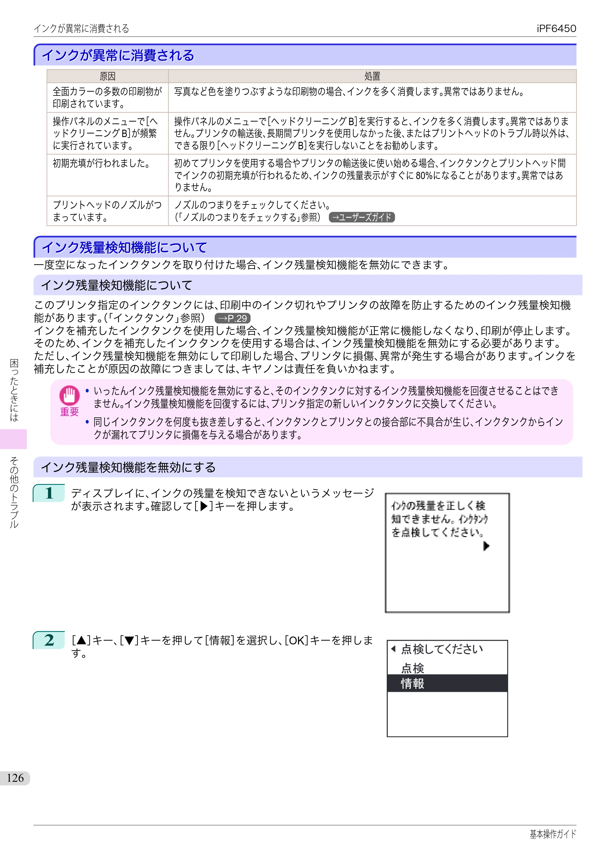キヤノン iPF6400/6450 基本操作ガイド（iPF6450用）（PDF：16.9MB） — インクが異常に消費される — 原本ページ — 126ページ