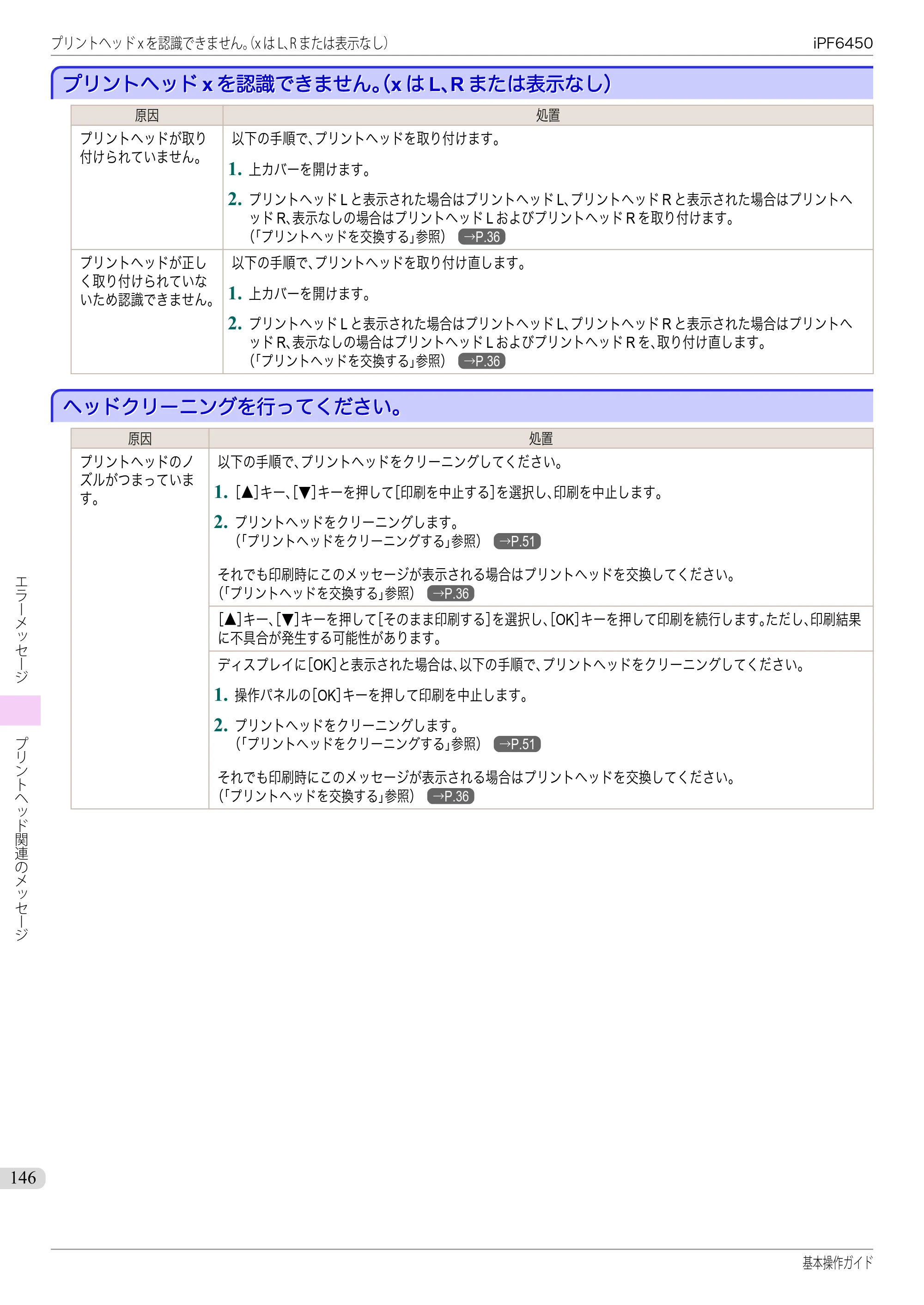 キヤノン iPF6400/6450 基本操作ガイド（iPF6450用）（PDF：16.9MB） — プリントヘッドxを認識できません。（xはL、Rまたは表示なし） — 原本ページ — 146ページ