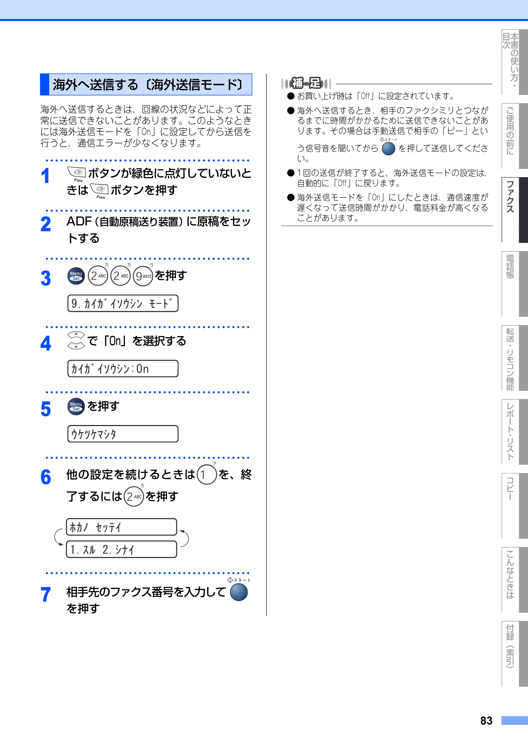 ブラザー FAX-2930 取扱説明書（本体） — 海外へ送信する〔海外送信モード〕 — 原本ページ — 83ページ