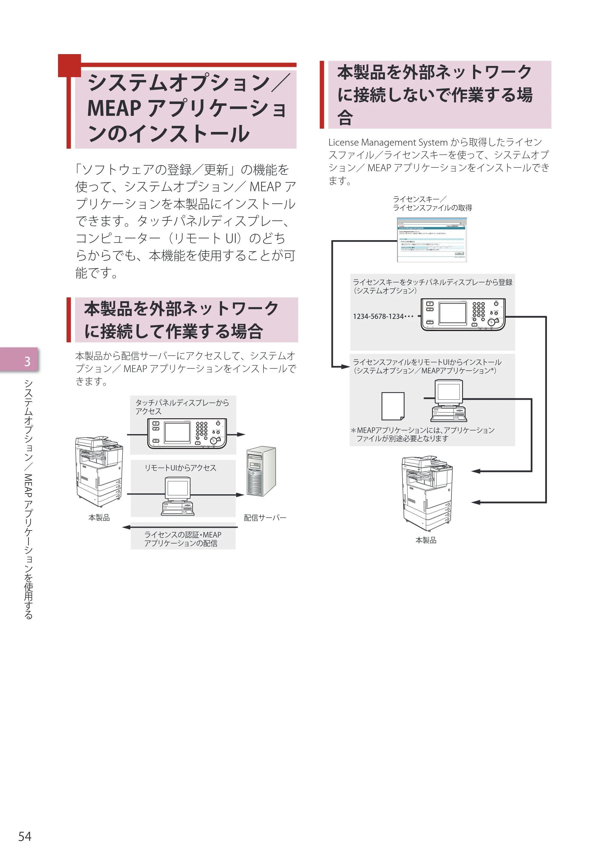 キヤノン imageRUNNER-ADVANCE C2030F/C2030F-R/C2030/C2020F/C2020 セットアップガイド 2010年10月4日更新 （PDF形式／23.06Mバイト） — システムオプション／MEAPアプリケーションのインストール — 原本ページ — 56ページ