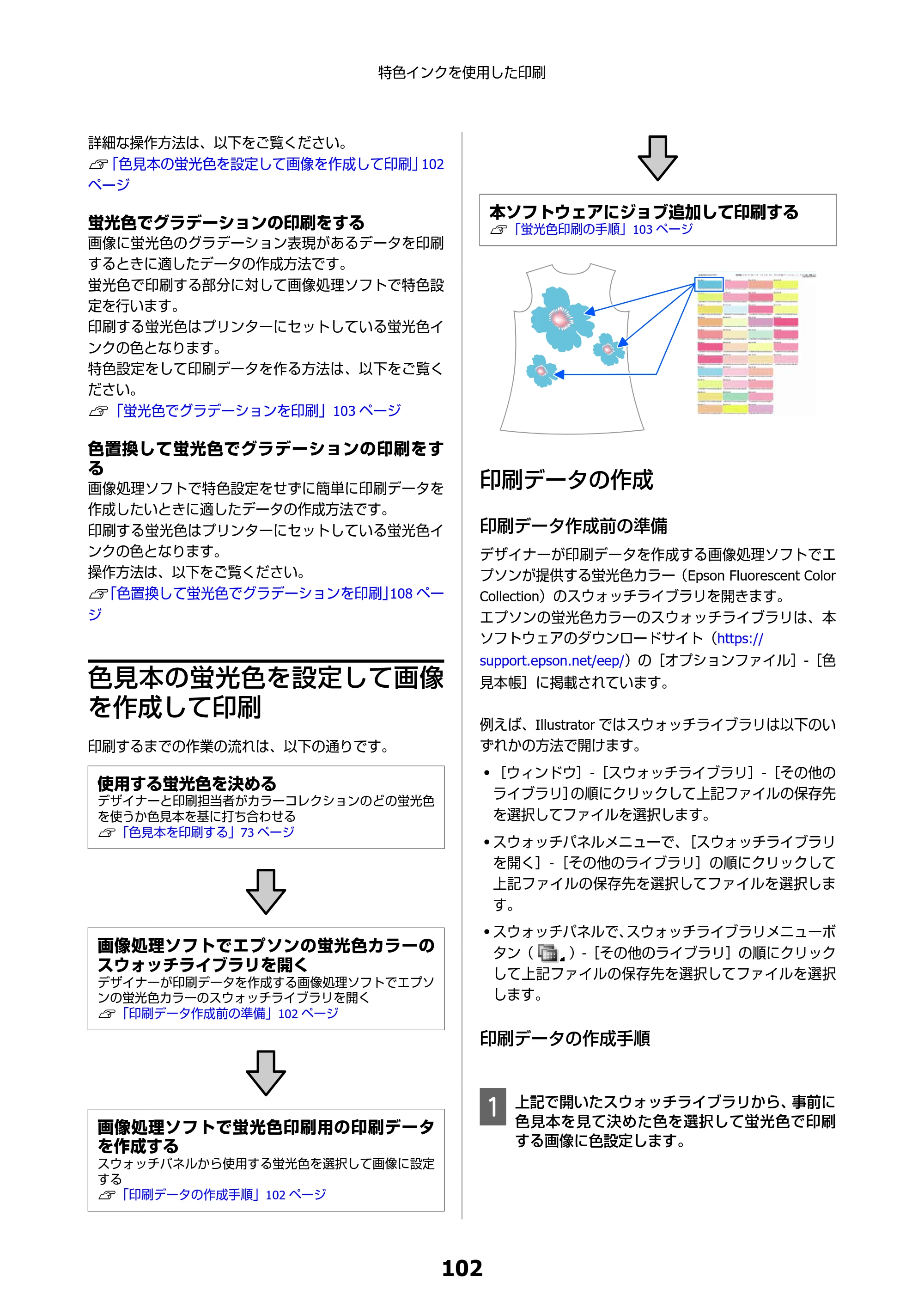 エプソン SC-F550 Epson Edge Print 操作ガイド — 色見本の蛍光色を設定して画像を作成して印刷 — 原本ページ — 102ページ