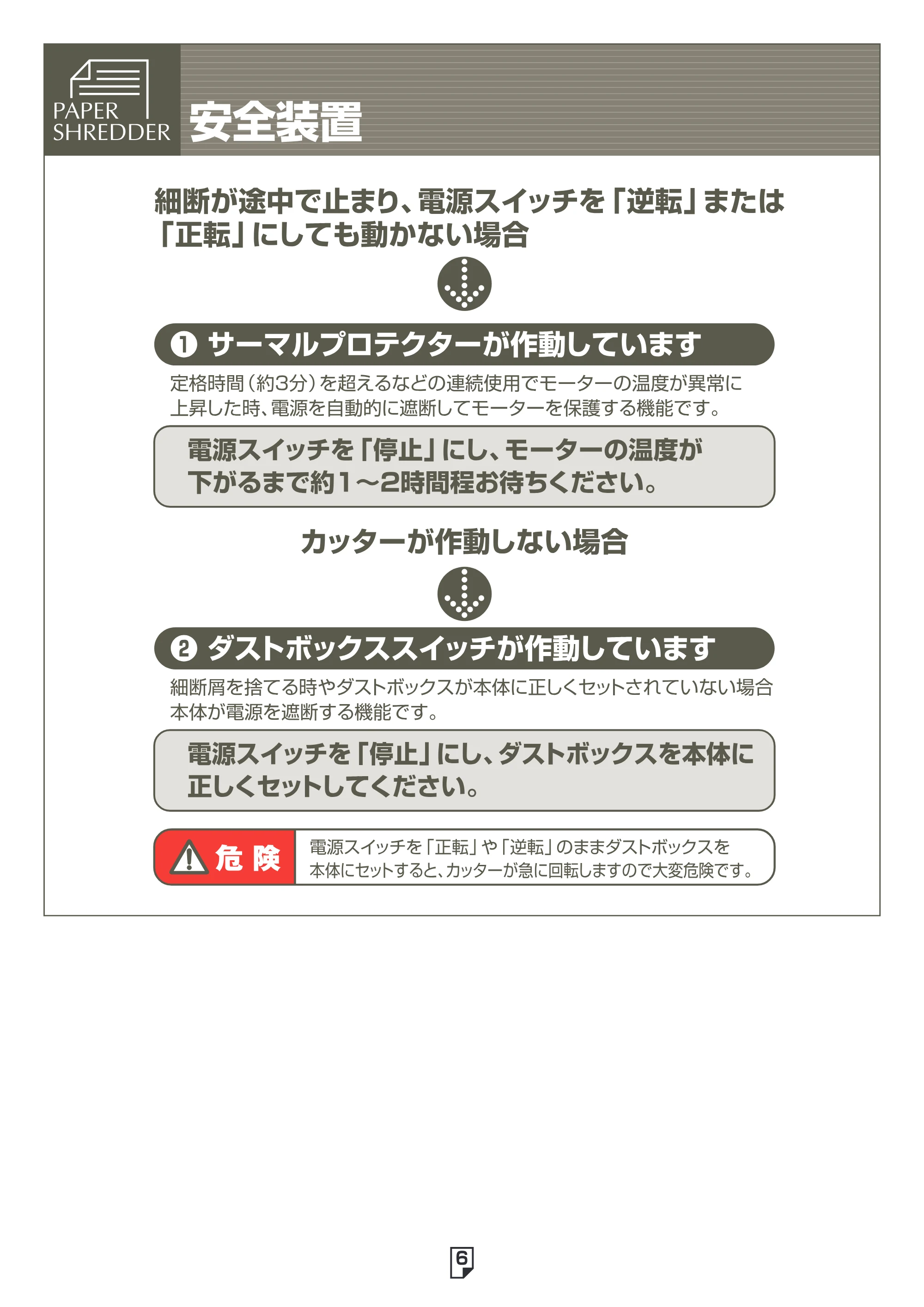 アイリスオーヤマ ペーパーシュレッダー P5HI 取扱説明書 — 原本ページ — 6ページ