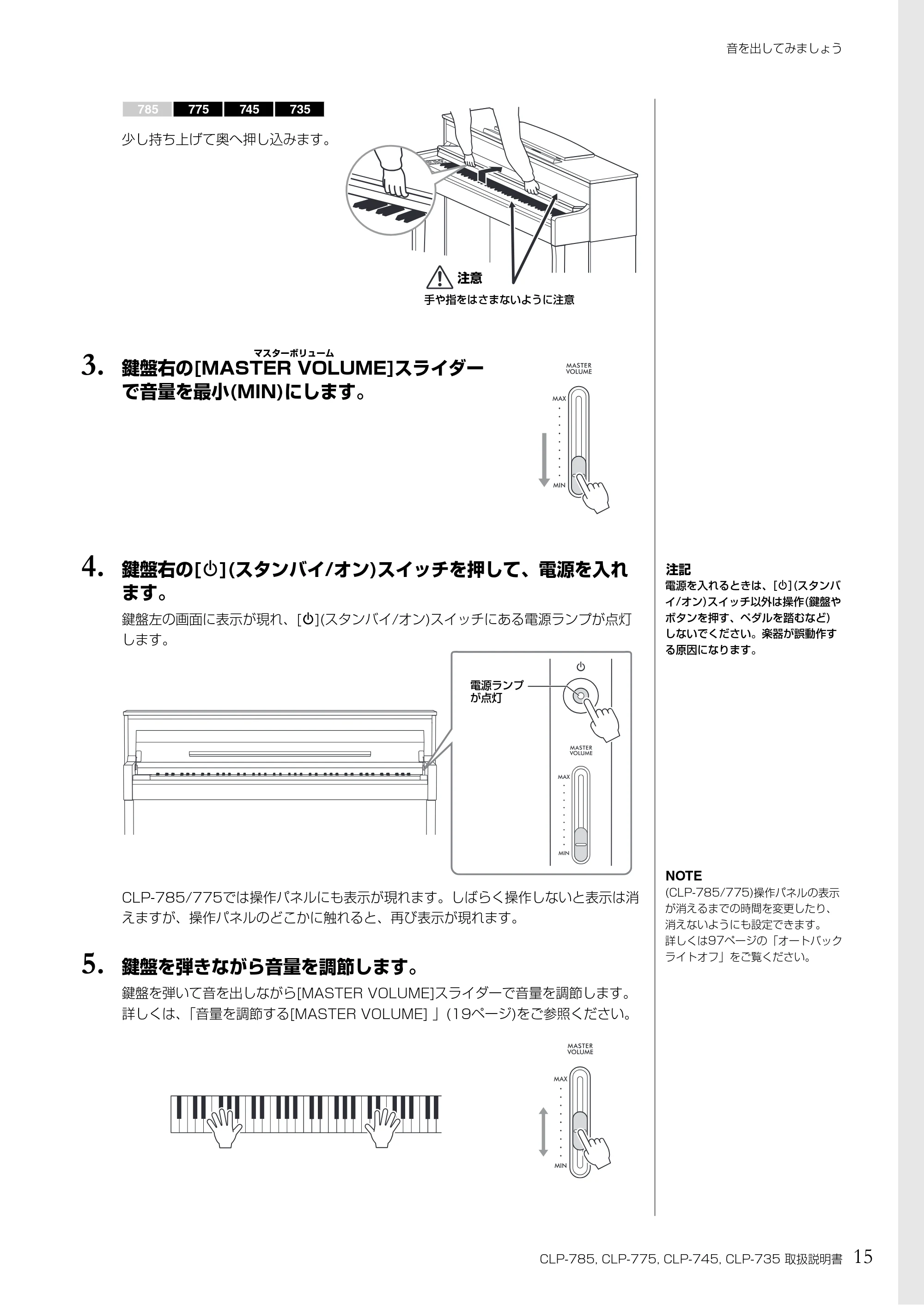 ヤマハ CLP-785 / CLP-775 / CLP-745 CLP-785/CLP-775/CLP-745/CLP-735 取扱説明書 — 3. 鍵盤右の[MASTER VOLUME — 原本ページ — 15ページ