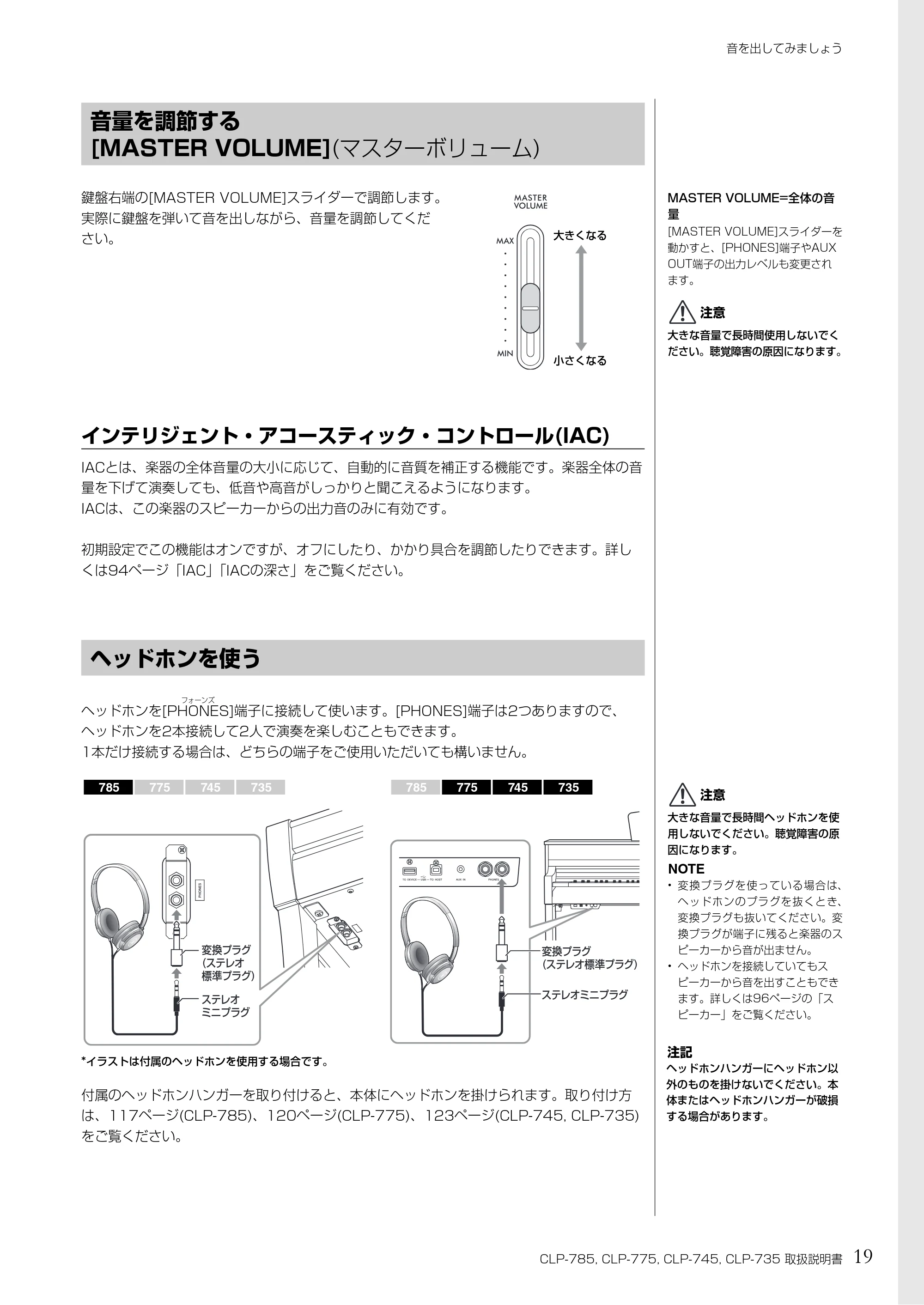 ヤマハ CLP-785 / CLP-775 / CLP-745 CLP-785/CLP-775/CLP-745/CLP-735 取扱説明書 — 音量を調節する [MASTER VOLUME](マスターボリューム) — 原本ページ — 19ページ