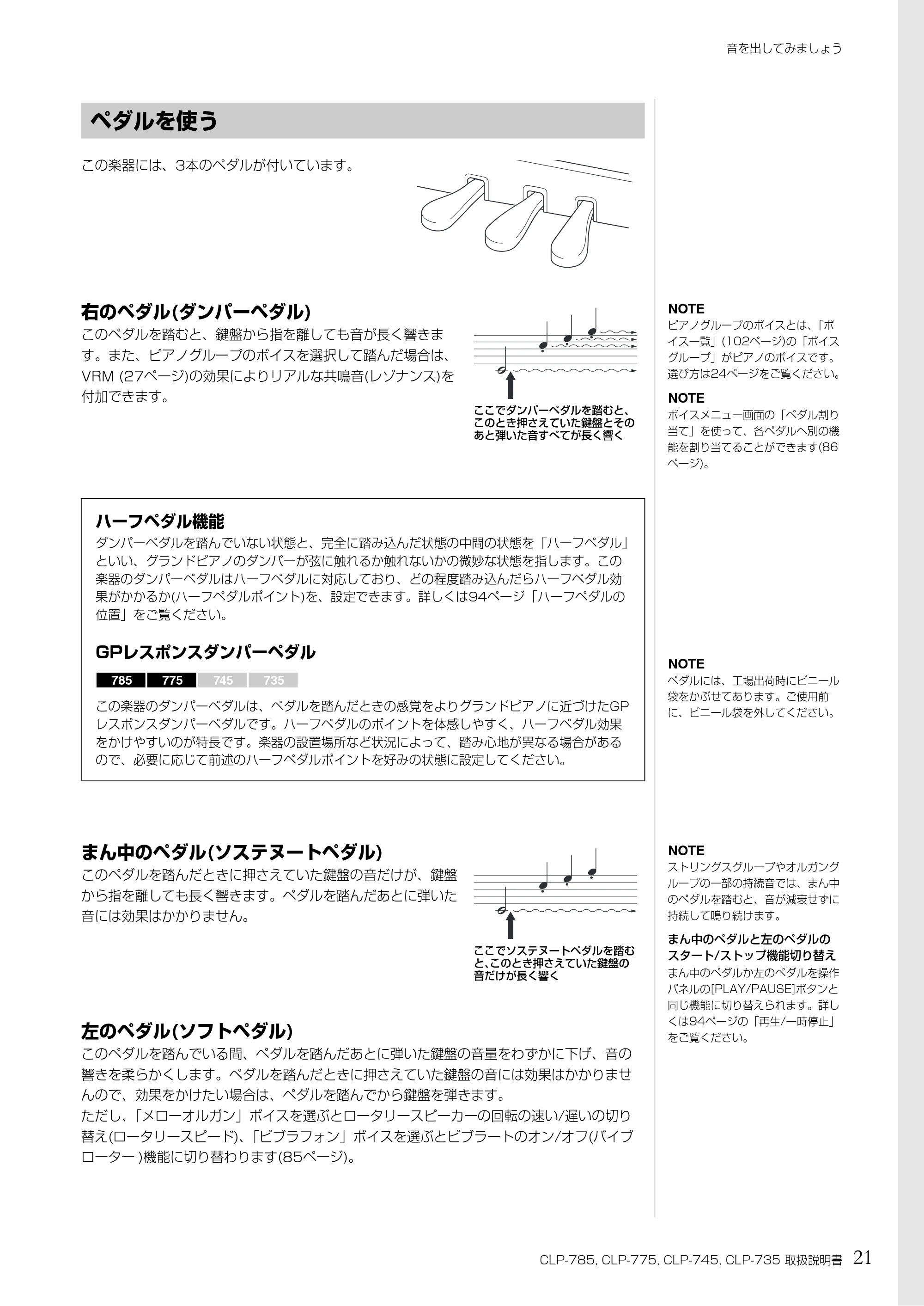 ヤマハ CLP-785 / CLP-775 / CLP-745 CLP-785/CLP-775/CLP-745/CLP-735 取扱説明書 — ペダルを使う — 原本ページ — 21ページ