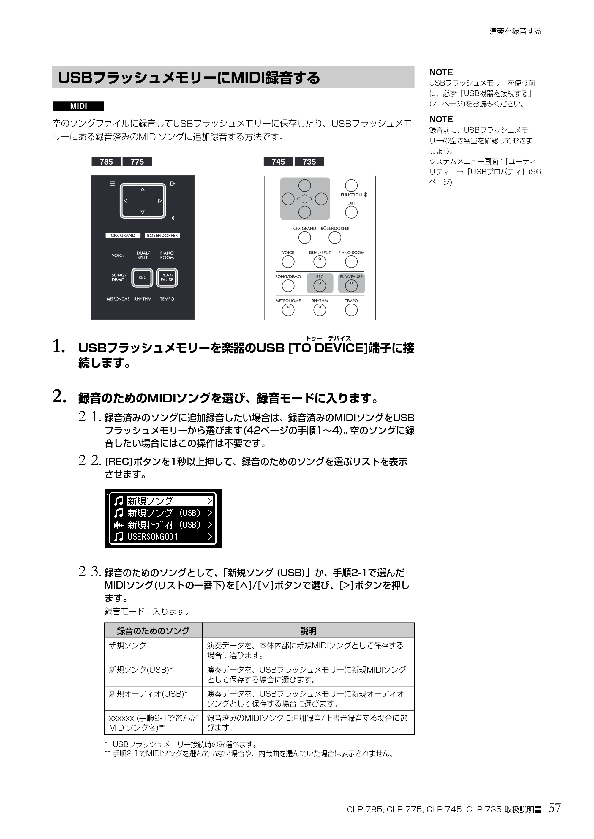 ヤマハ CLP-785 / CLP-775 / CLP-745 CLP-785/CLP-775/CLP-745/CLP-735 取扱説明書 — USBフラッシュメモリーにMIDI録音する — 原本ページ — 57ページ