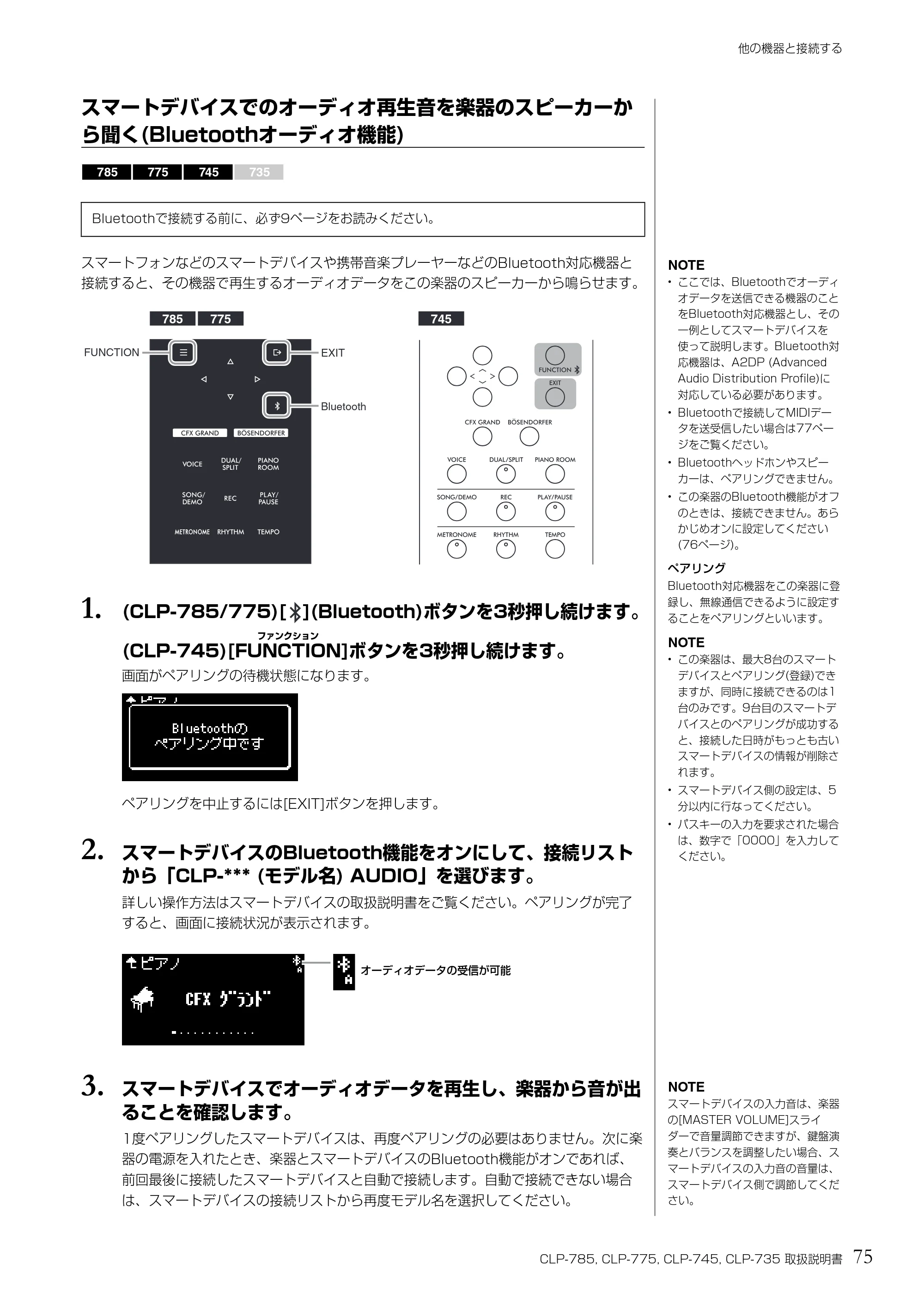 ヤマハ CLP-785 / CLP-775 / CLP-745 CLP-785/CLP-775/CLP-745/CLP-735 取扱説明書 — スマートデバイスでのオーディオ再生音を楽器のスピーカーか ら聞く(Bluetoothオーディオ機能) — 原本ページ — 75ページ