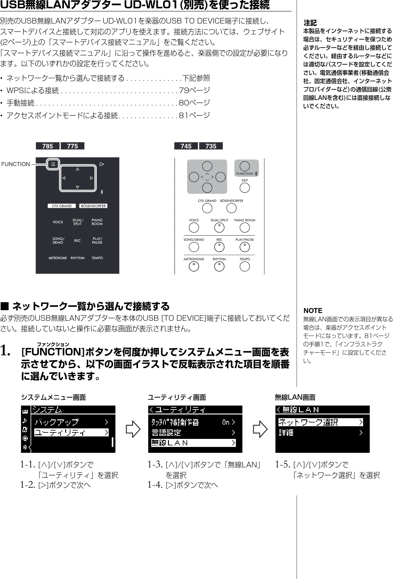 ヤマハ CLP-785 / CLP-775 / CLP-745 CLP-785/CLP-775/CLP-745/CLP-735 取扱説明書 — USB無線LANアダプターUD-WL01(別売)を使った接続 — 図版 78-1 — 78ページ