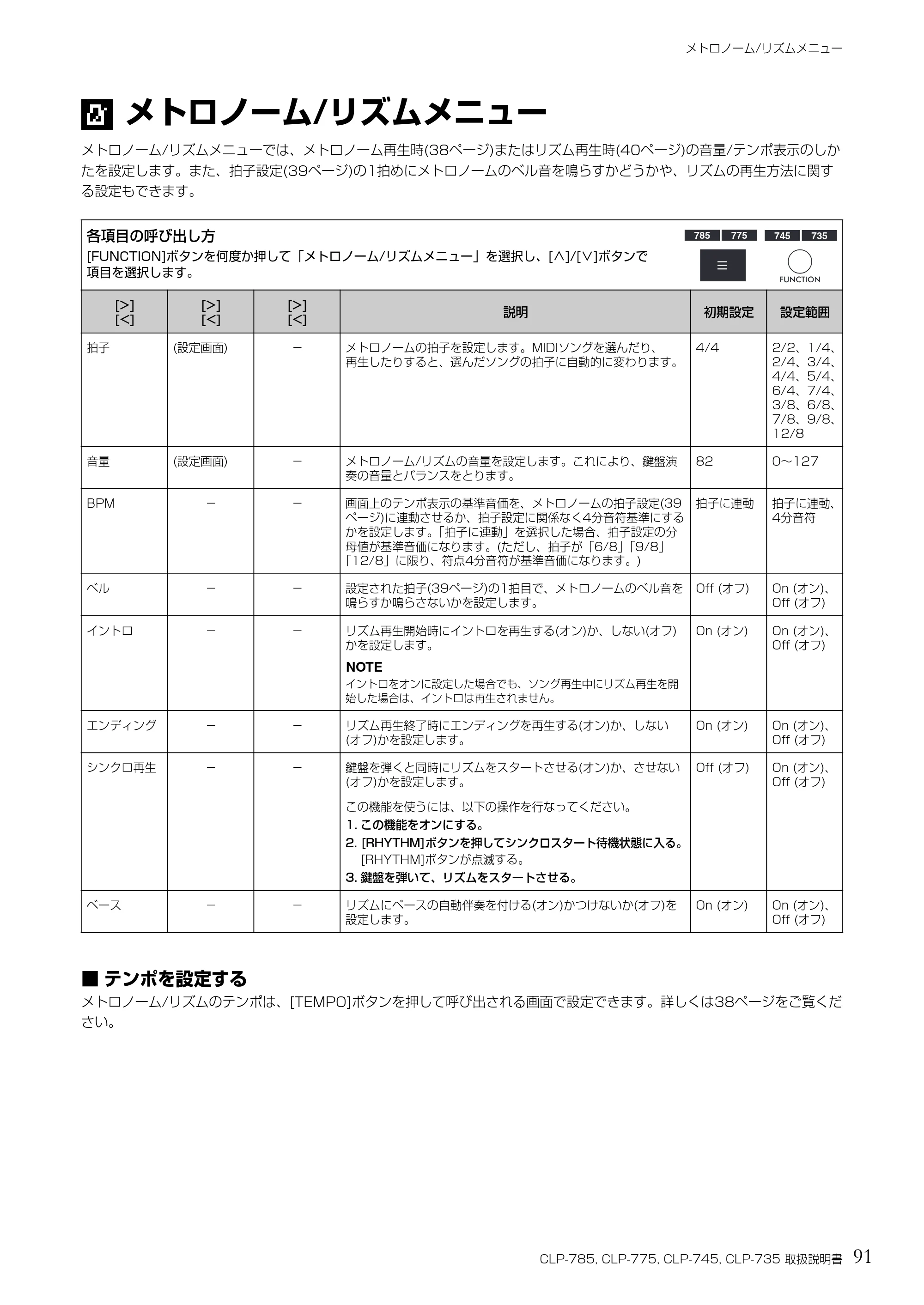ヤマハ CLP-785 / CLP-775 / CLP-745 CLP-785/CLP-775/CLP-745/CLP-735 取扱説明書 — メトロノーム/リズムメニュー — 原本ページ — 91ページ