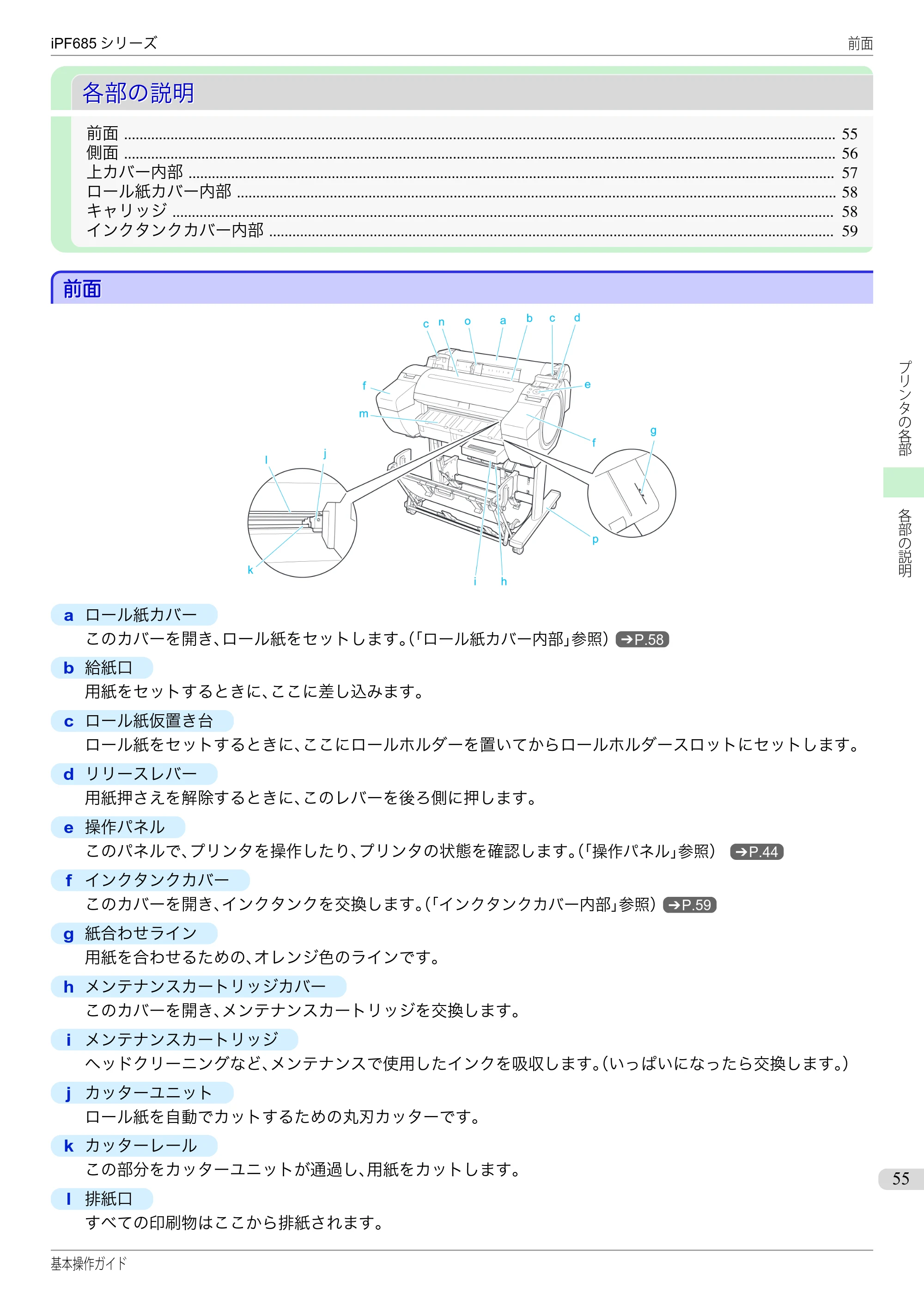 キヤノン iPF680/685/780/785 iPF685 基本操作ガイド （PDF：11.0MB） — 各部の説明 — 原本ページ — 55ページ