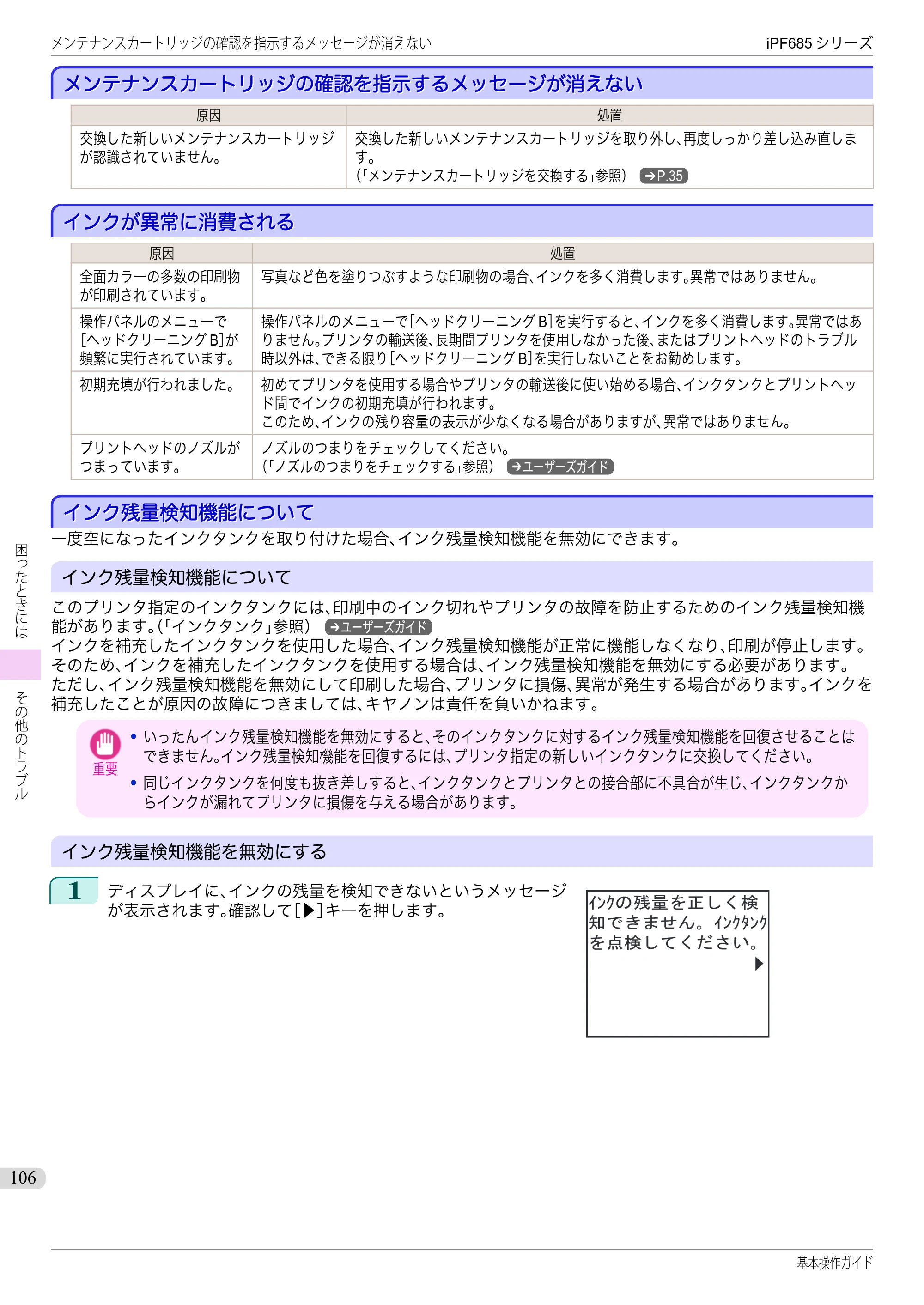 キヤノン iPF680/685/780/785 iPF685 基本操作ガイド （PDF：11.0MB） — メンテナンスカートリッジの確認を指示するメッセージが消えない — 原本ページ — 106ページ